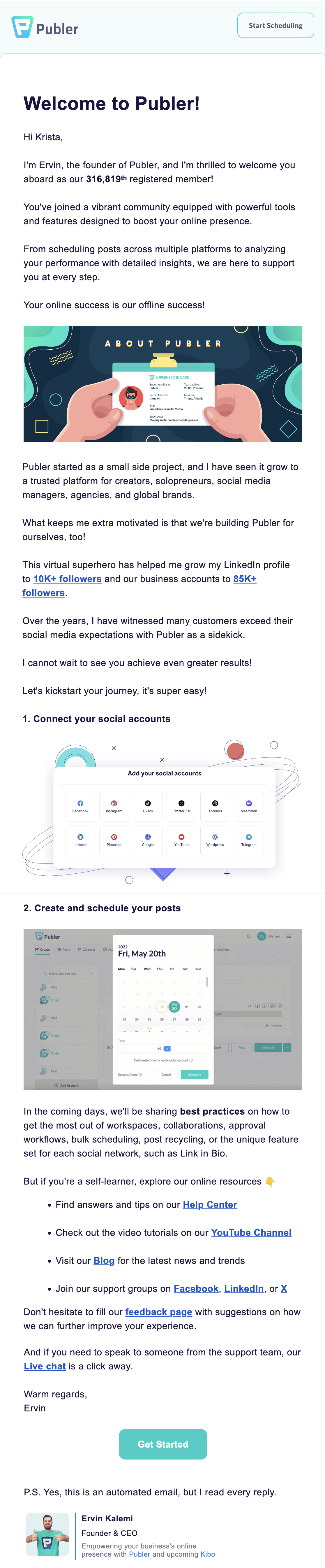 SaaS Welcome Email: Welcome email from Publer
