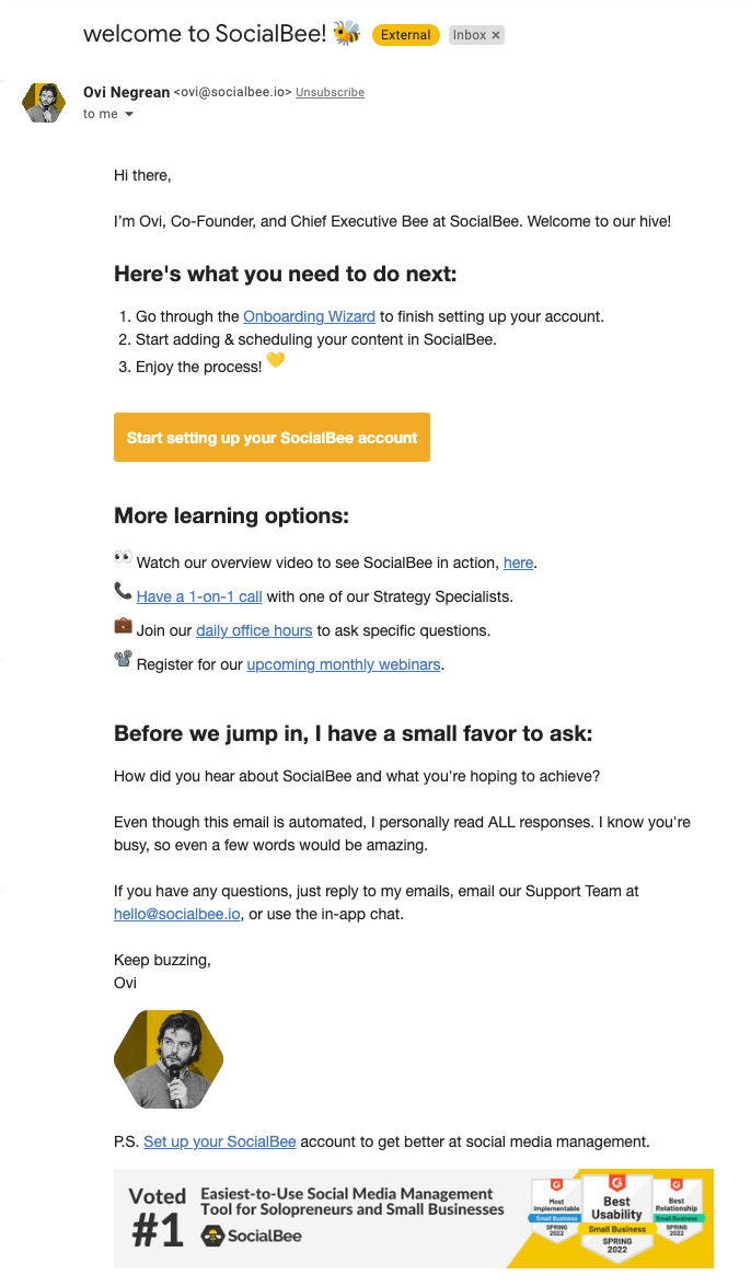 SaaS Welcome Email: Welcome email from SocialBee