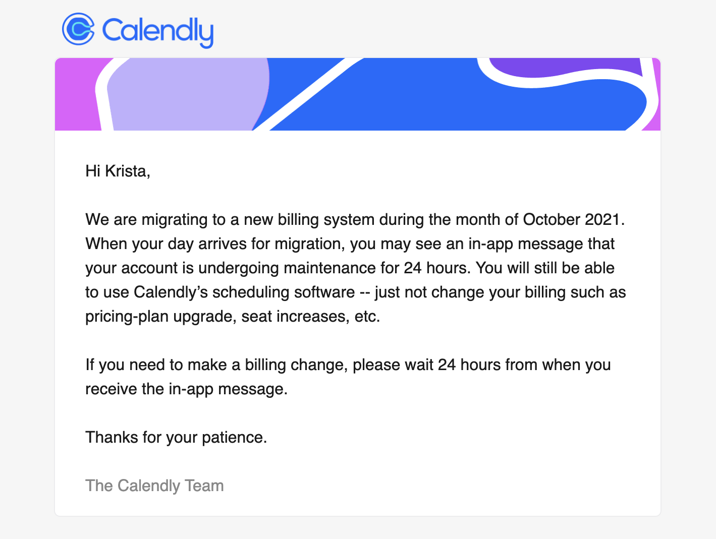 Scheduled Maintenance Emails: Screenshot of Calendly's scheduled maintenance email