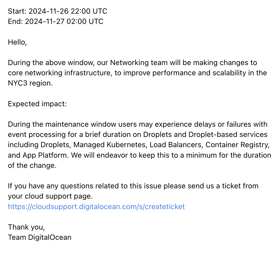 Scheduled Maintenance Emails: Screenshot of DigitalOcean's scheduled maintenance email