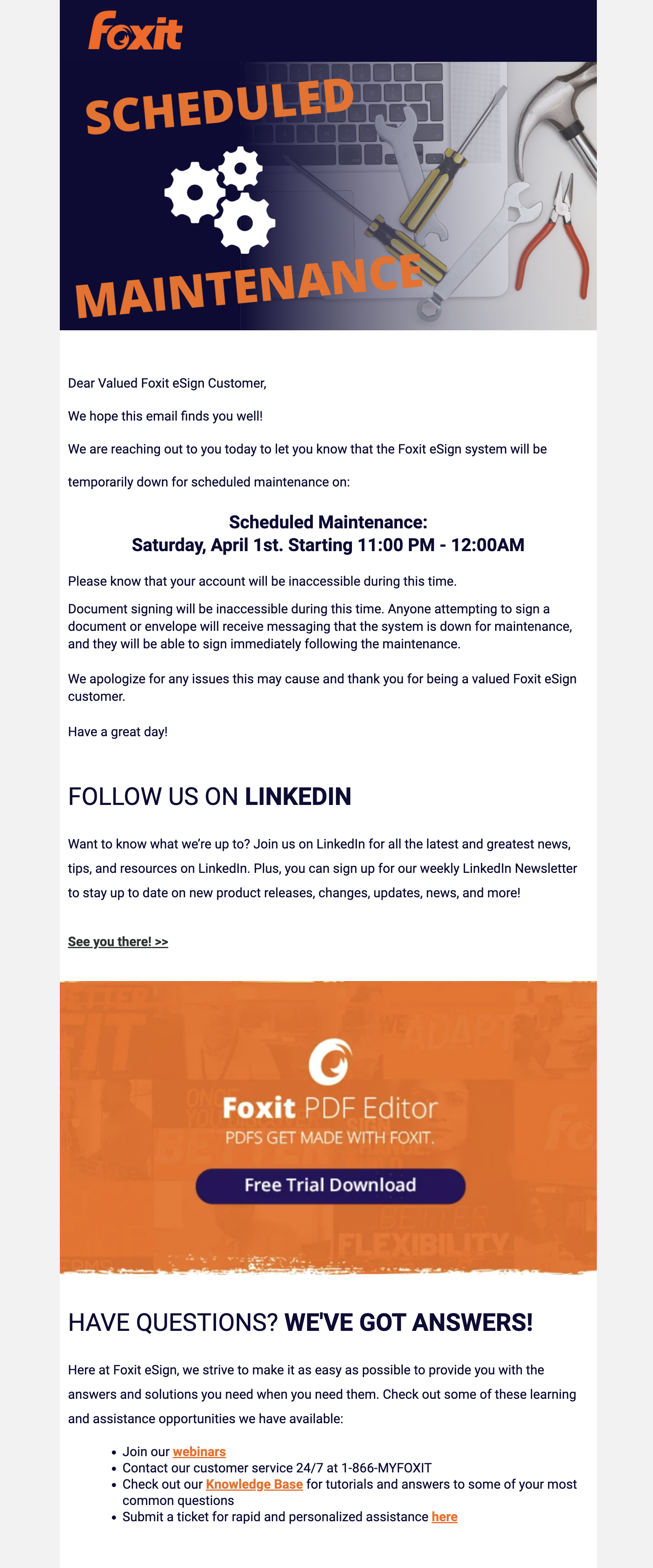 Scheduled Maintenance Emails: Screenshot of Foxit eSign's scheduled maintenance announcement email