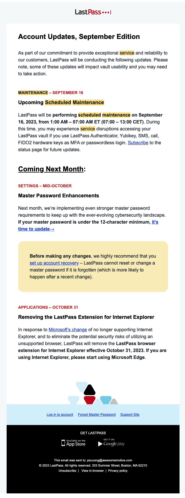 Scheduled Maintenance Emails: Screenshot of LastPass' scheduled maintenance announcement on their monthly update email