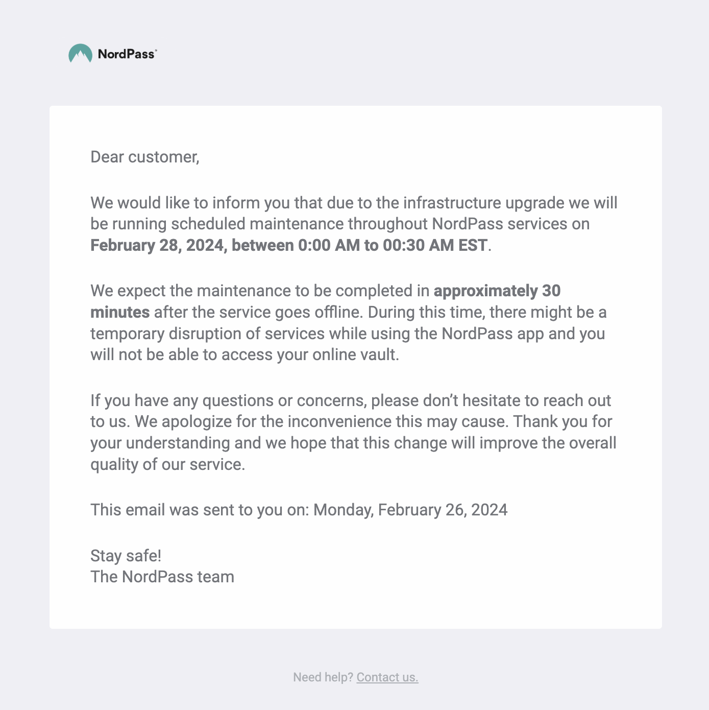 Scheduled Maintenance Emails: Screenshot of NordPass' scheduled maintenance email