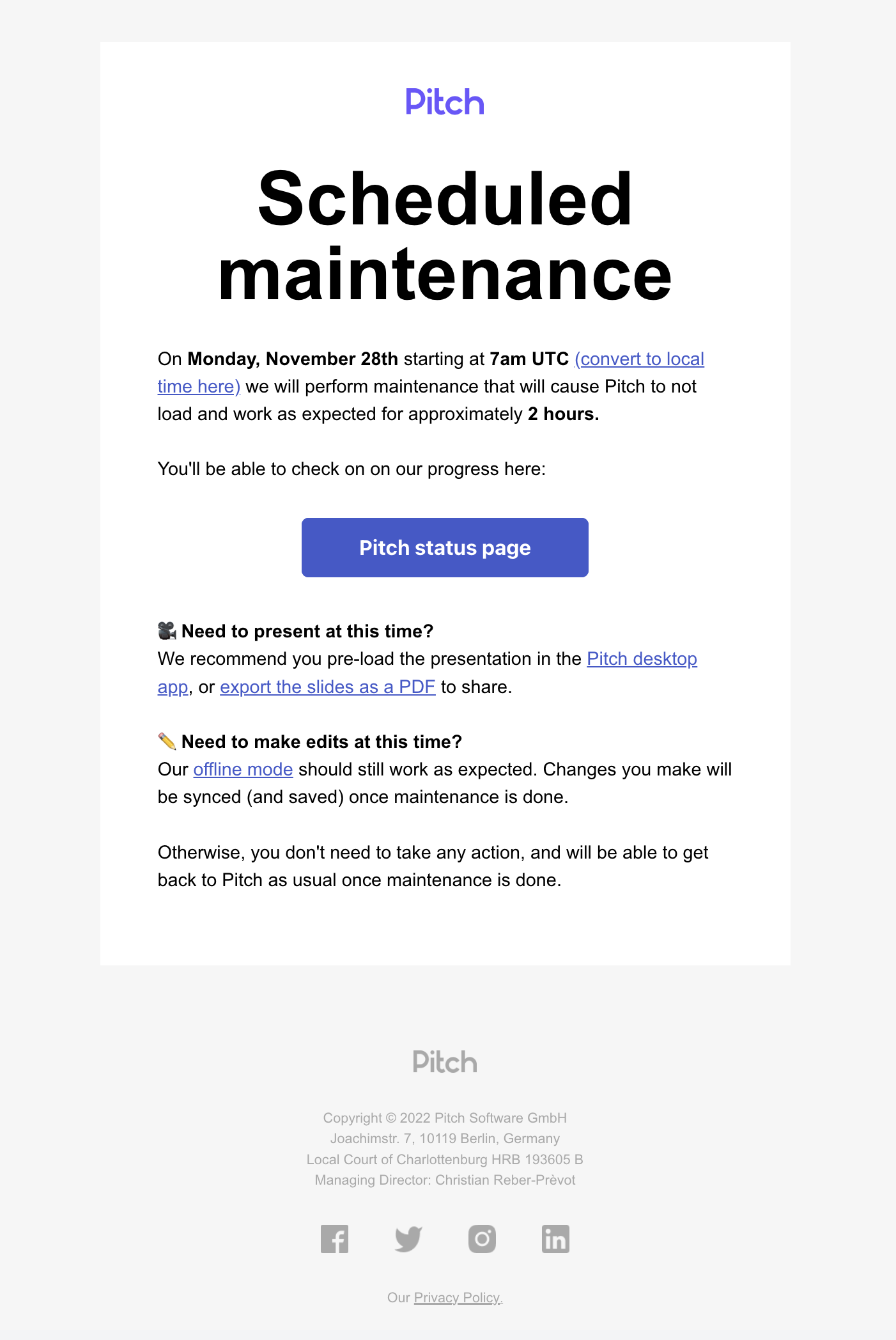 Scheduled Maintenance Emails: Screenshot of Pitch's scheduled maintenance email