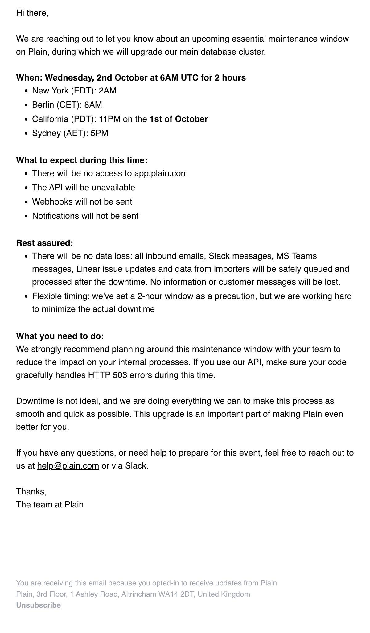 Scheduled Maintenance Emails: Screenshot of Plain's scheduled maintenance email