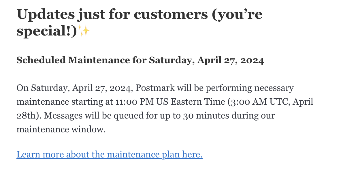 Scheduled Maintenance Emails: Screenshot of Postmark's scheduled maintenance announcement on their newsletter