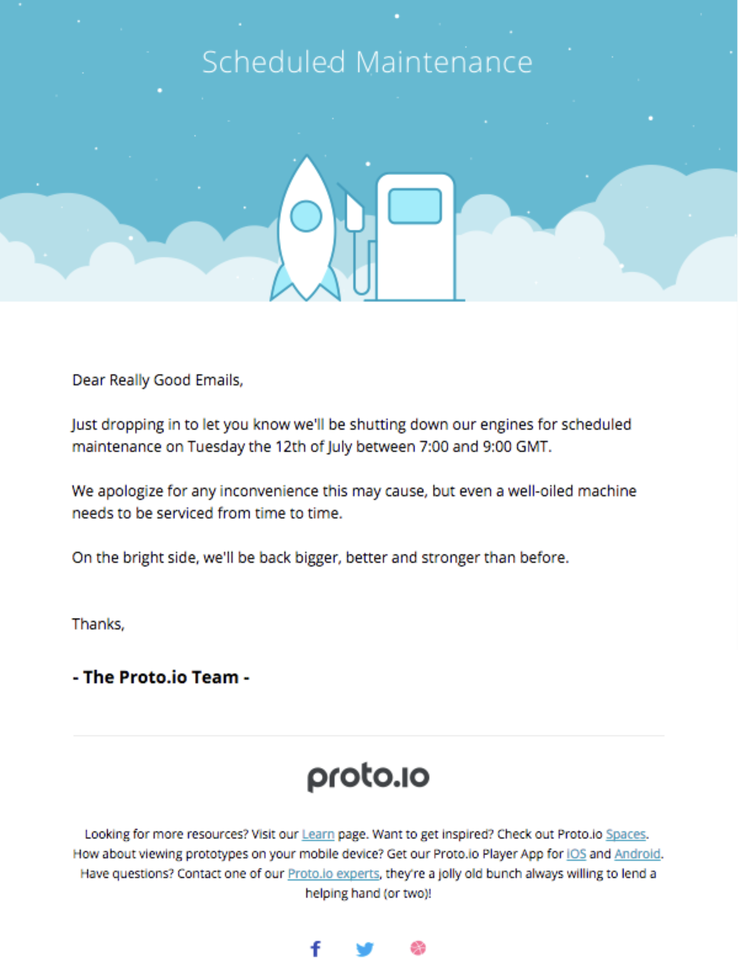 Scheduled Maintenance Emails: Screenshot of Proto.io's scheduled maintenance email