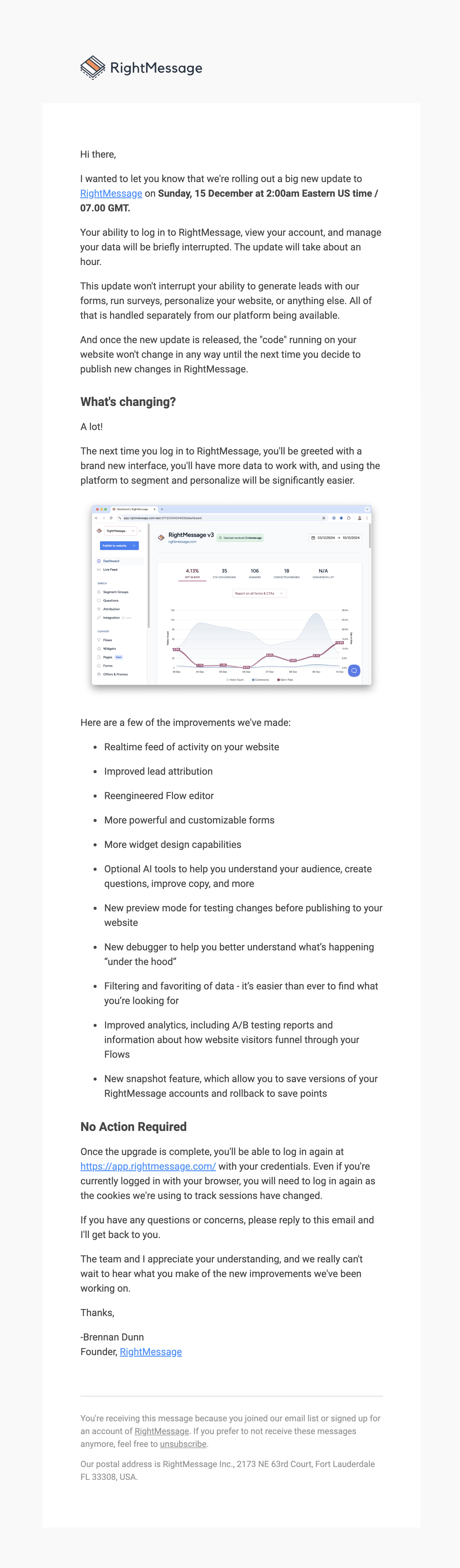 Scheduled Maintenance Emails: Screenshot of RightMessage's scheduled maintenance announcement email