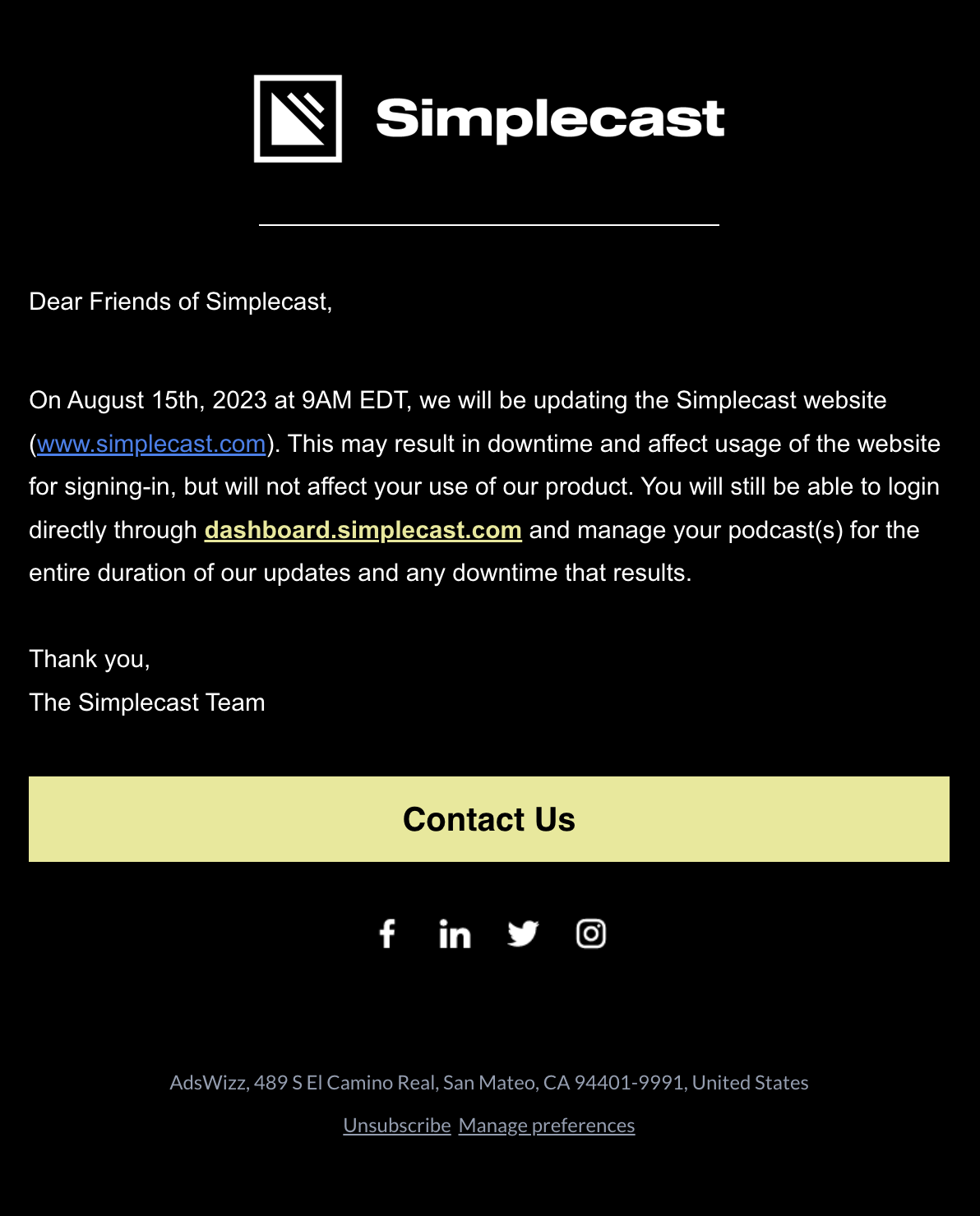 Scheduled Maintenance Emails: Screenshot of Simplecast's scheduled maintenance email