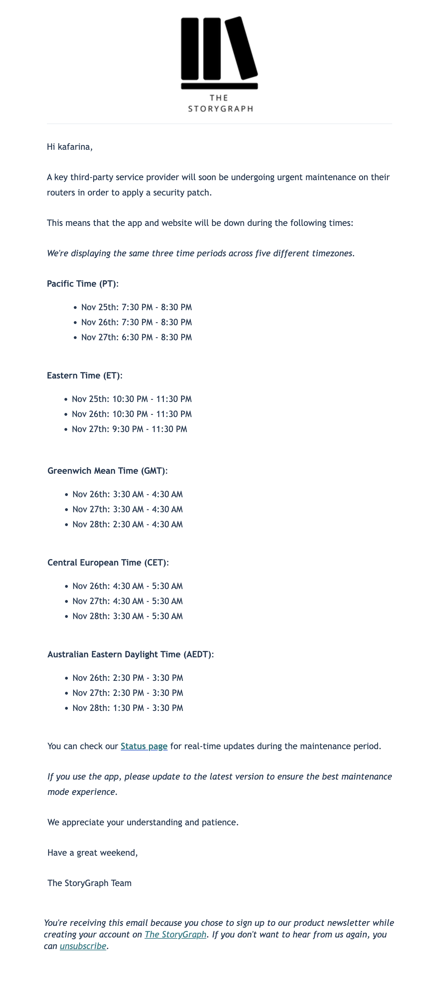 Scheduled Maintenance Emails: Screenshot of The Storygraph's scheduled maintenance email