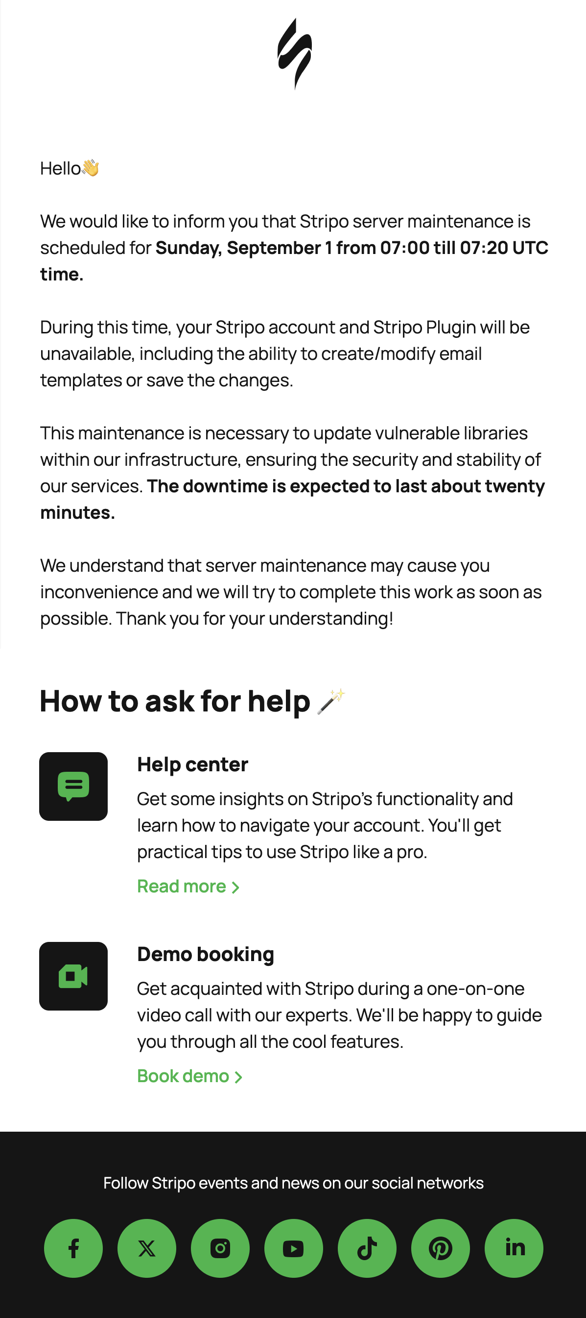 Scheduled Maintenance Emails: Screenshot of Stripo's scheduled maintenance email