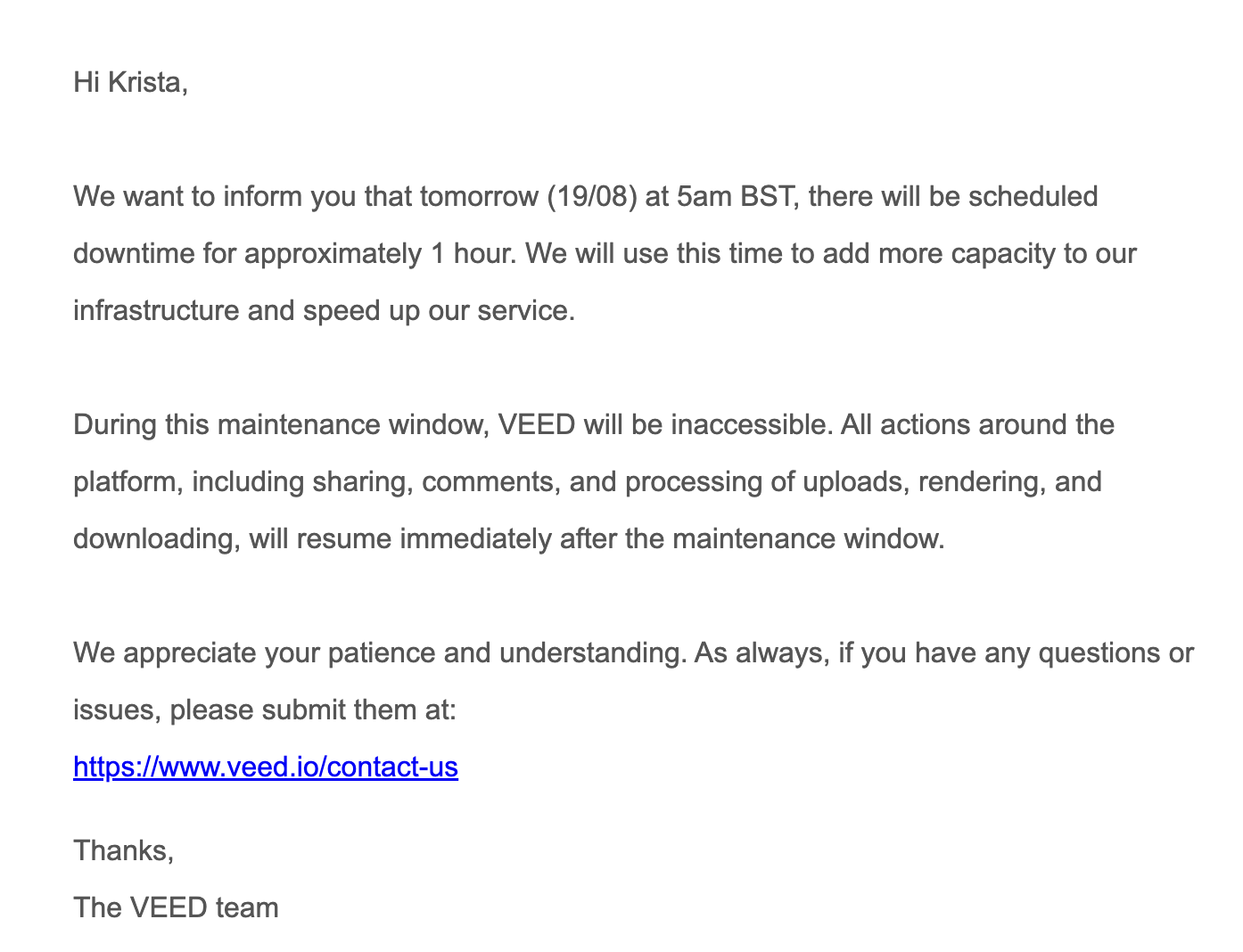 Scheduled Maintenance Emails: Screenshot of VEED's scheduled maintenance email