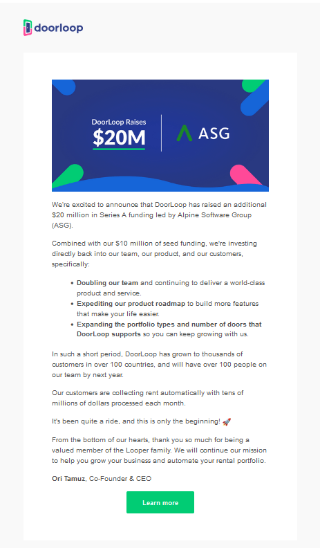 Funding Round Announcement Emails: Screenshot of DoorLoop's funding round announcement email