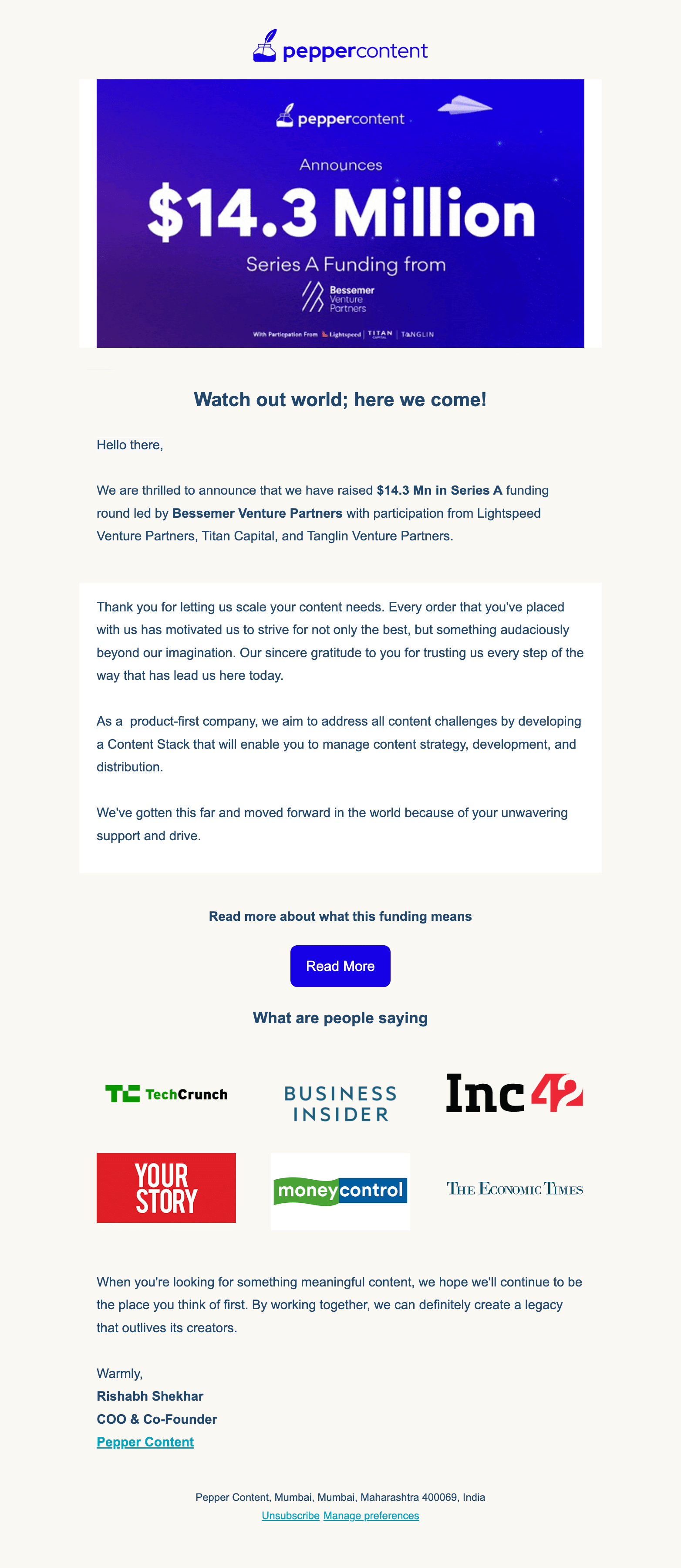 Funding Round Announcement Emails: Screenshot of Pepper Content's funding round announcement email