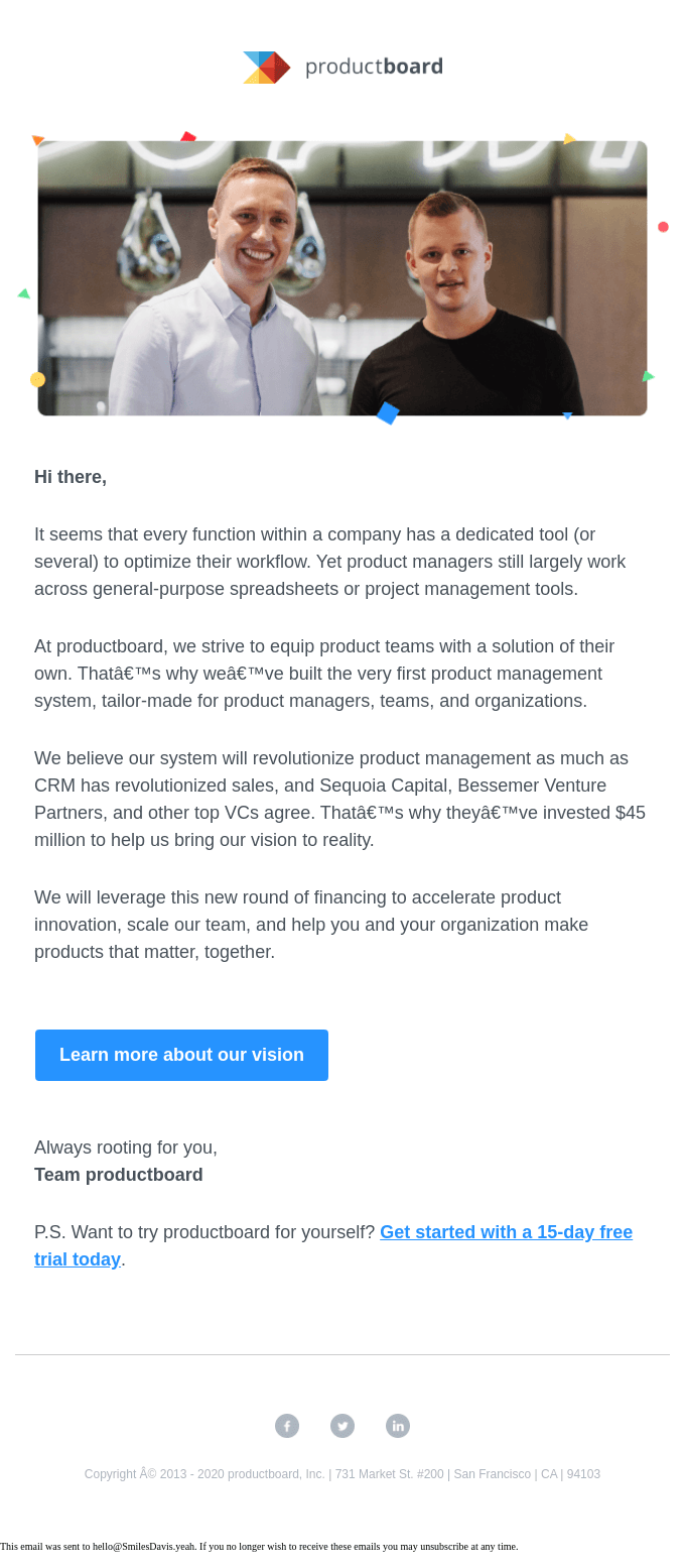 Funding Round Announcement Emails: Screenshot of Productboard's funding round announcement email