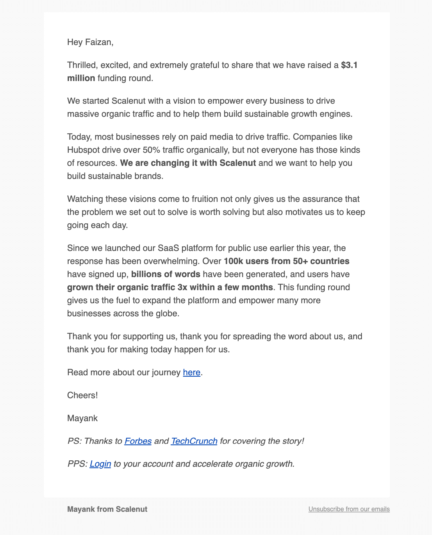 Funding Round Announcement Emails: Screenshot of Scalenut's funding round announcement email