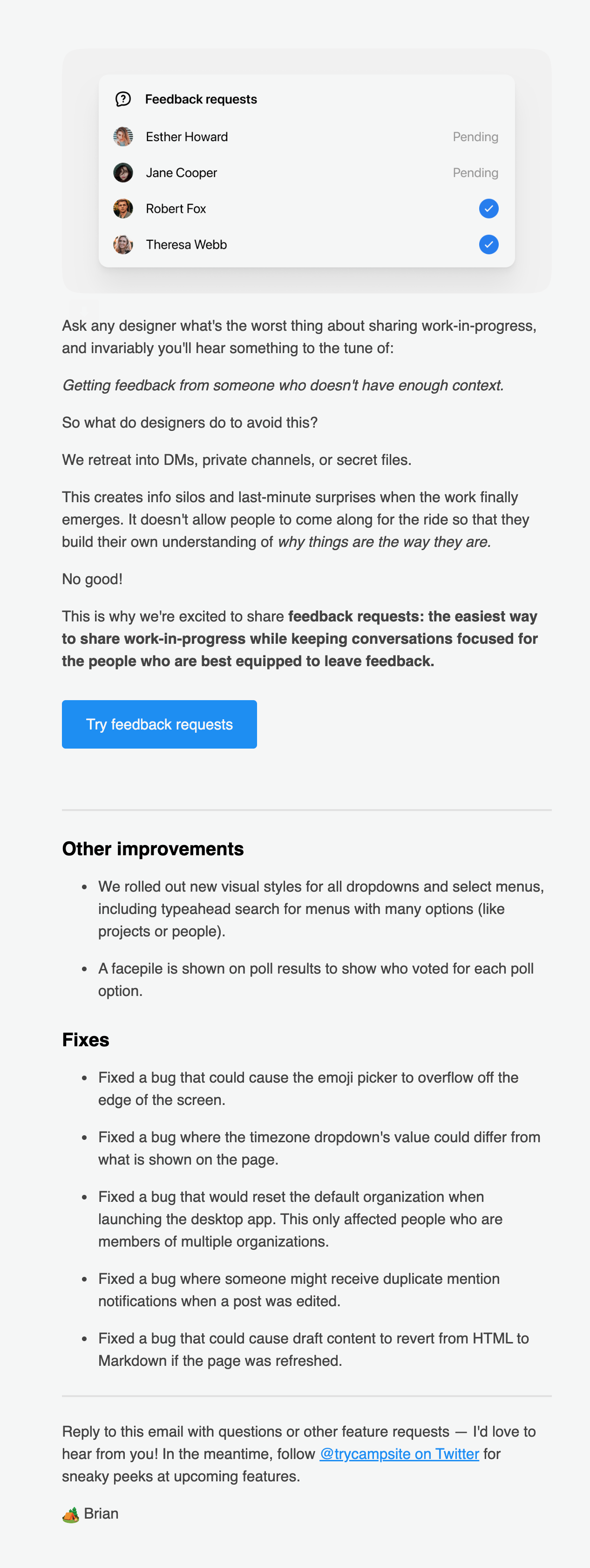 Storytelling in SaaS Emails: Screenshot of Campsite's email talking about their feedback requests feature