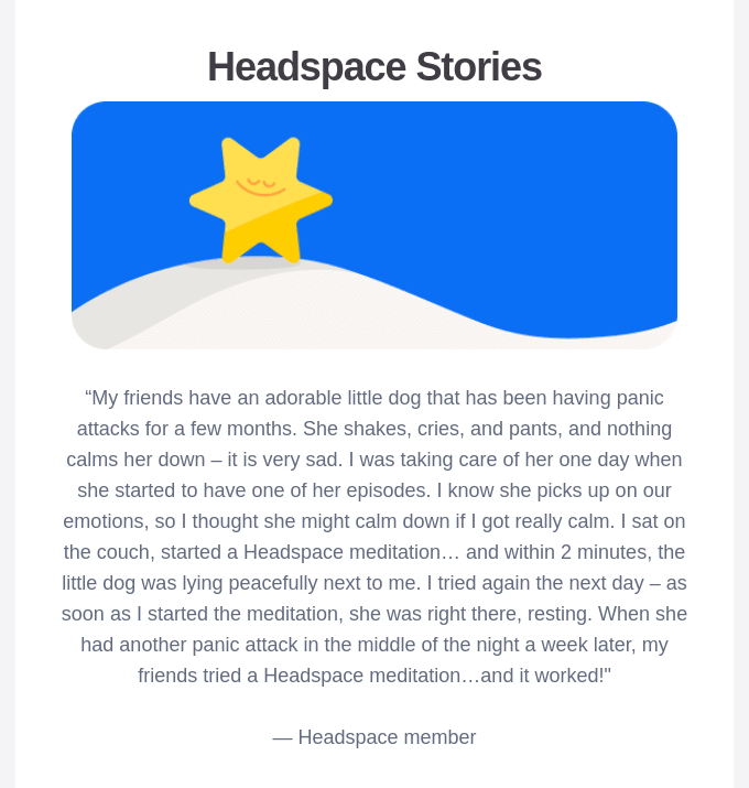 Storytelling in SaaS Emails: Screenshot of Headspace's email featuring a testimonial from their user