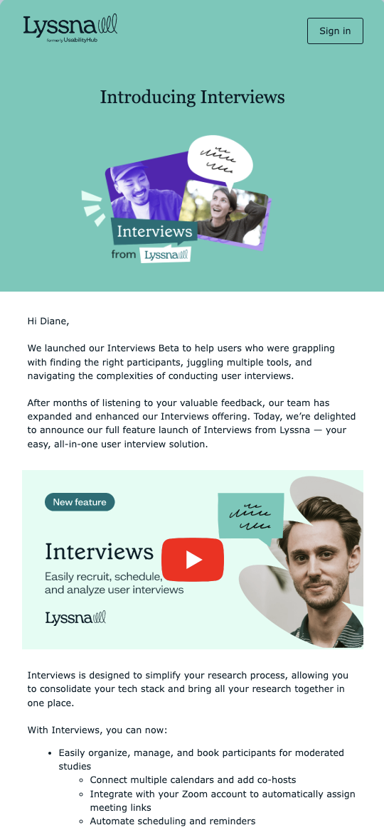Storytelling in SaaS Emails: Screenshot of Lyssna's email talking about their Interviews feature
