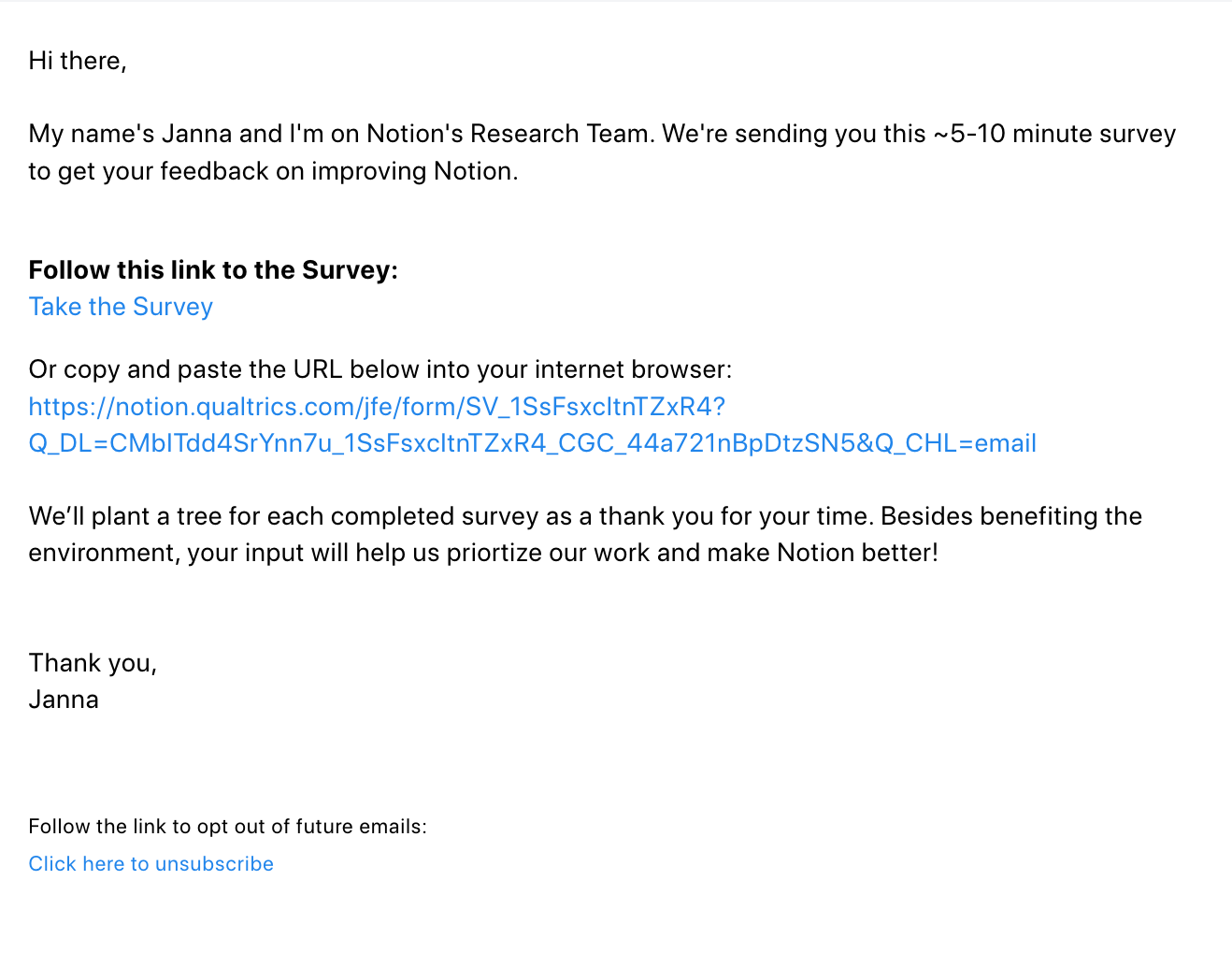 Survey Email Examples: Screenshot of Notion's survey email