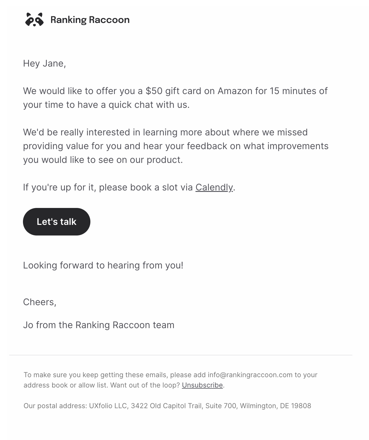 Survey Email Examples: Screenshot of Ranking Raccoon's survey email