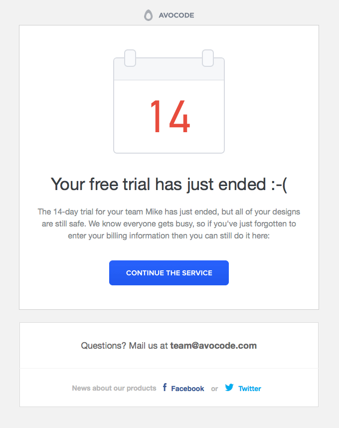 SaaS Trial Expiration Emails: Screenshot of trial expiration email from Avocode