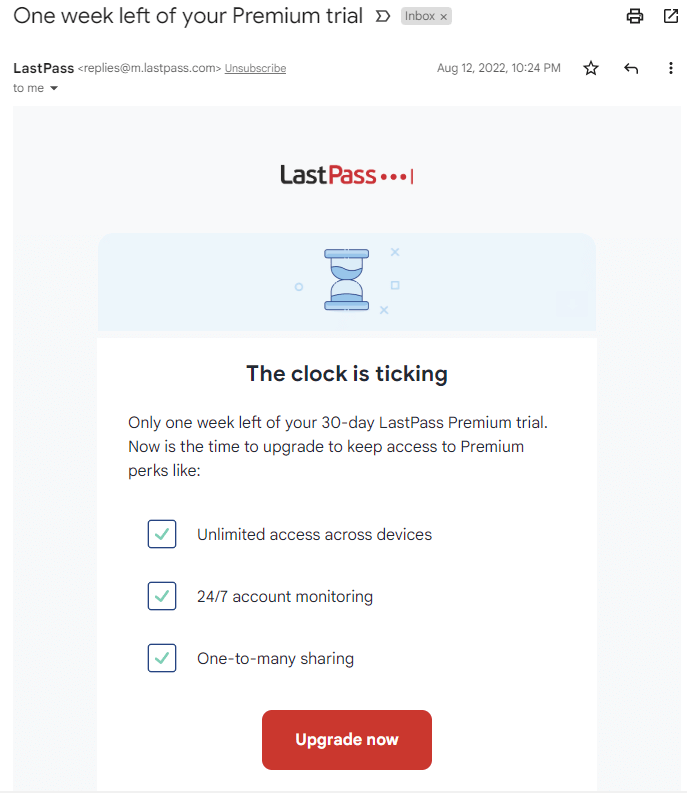 SaaS Trial Expiration Emails: Screenshot of trial expiration email from LastPass