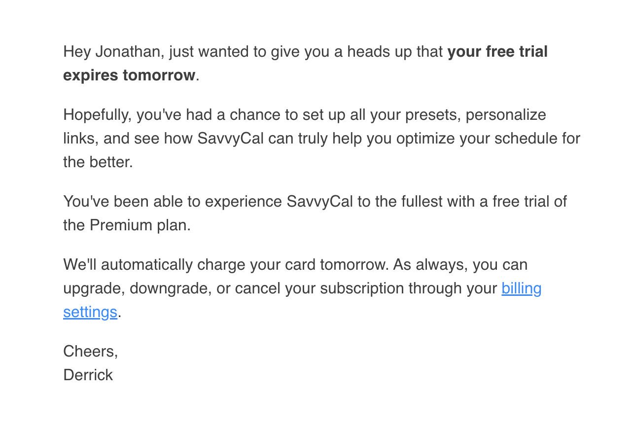 SaaS Trial Expiration Emails: Screenshot of trial expiration email from SavvyCal