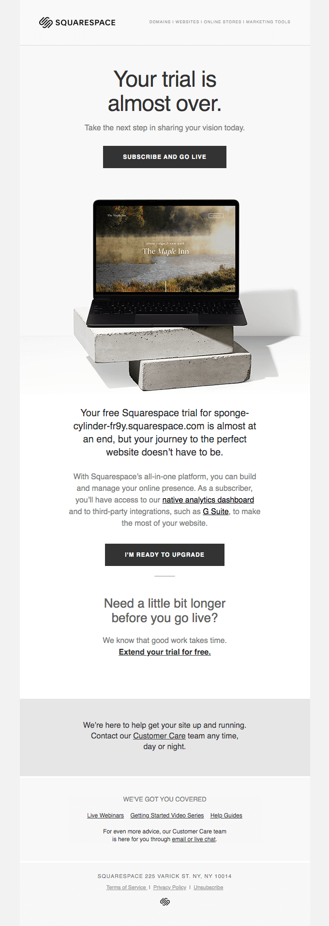 SaaS Trial Expiration Emails: Screenshot of trial expiration email from Squarespace