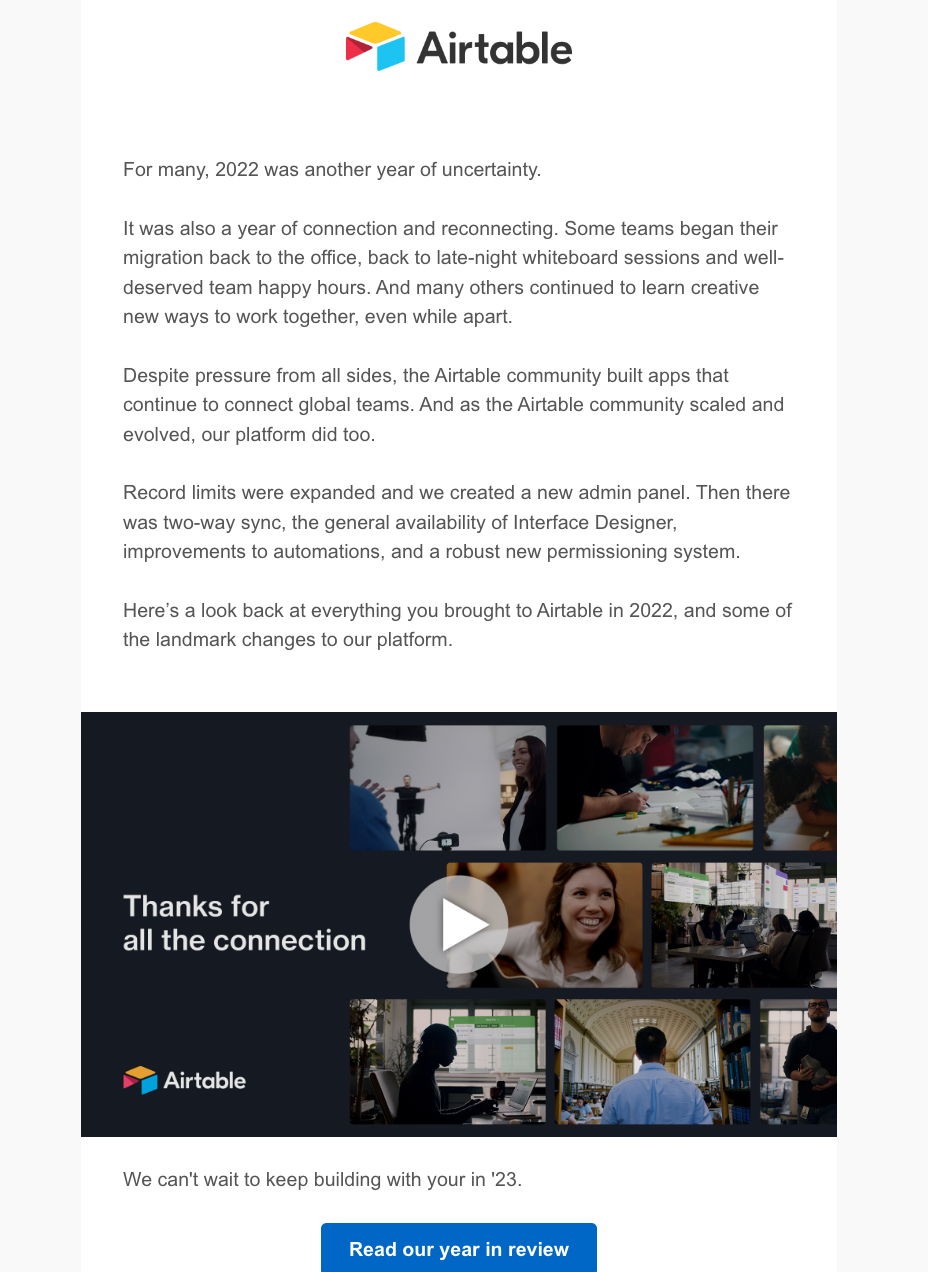 Year-in-review emails: Screenshot of Airtable's year-in-review email