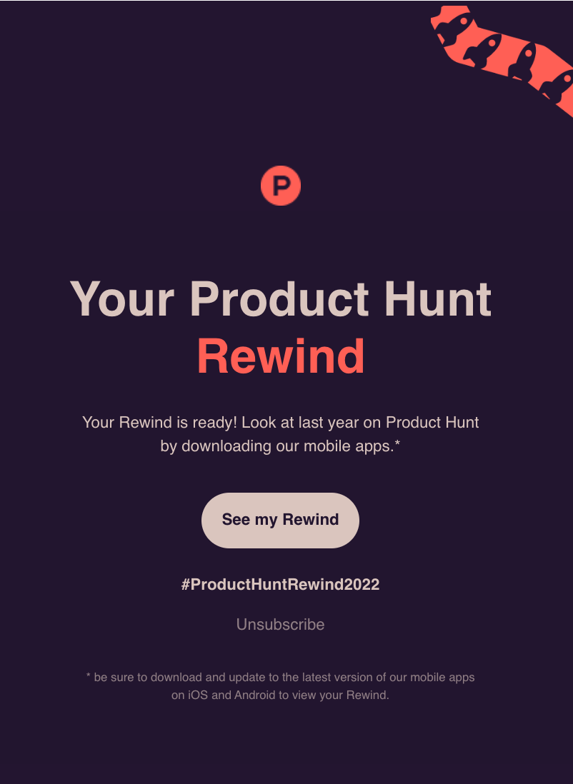 Year-in-review emails: Screenshot of Product Hunt's year-in-review email