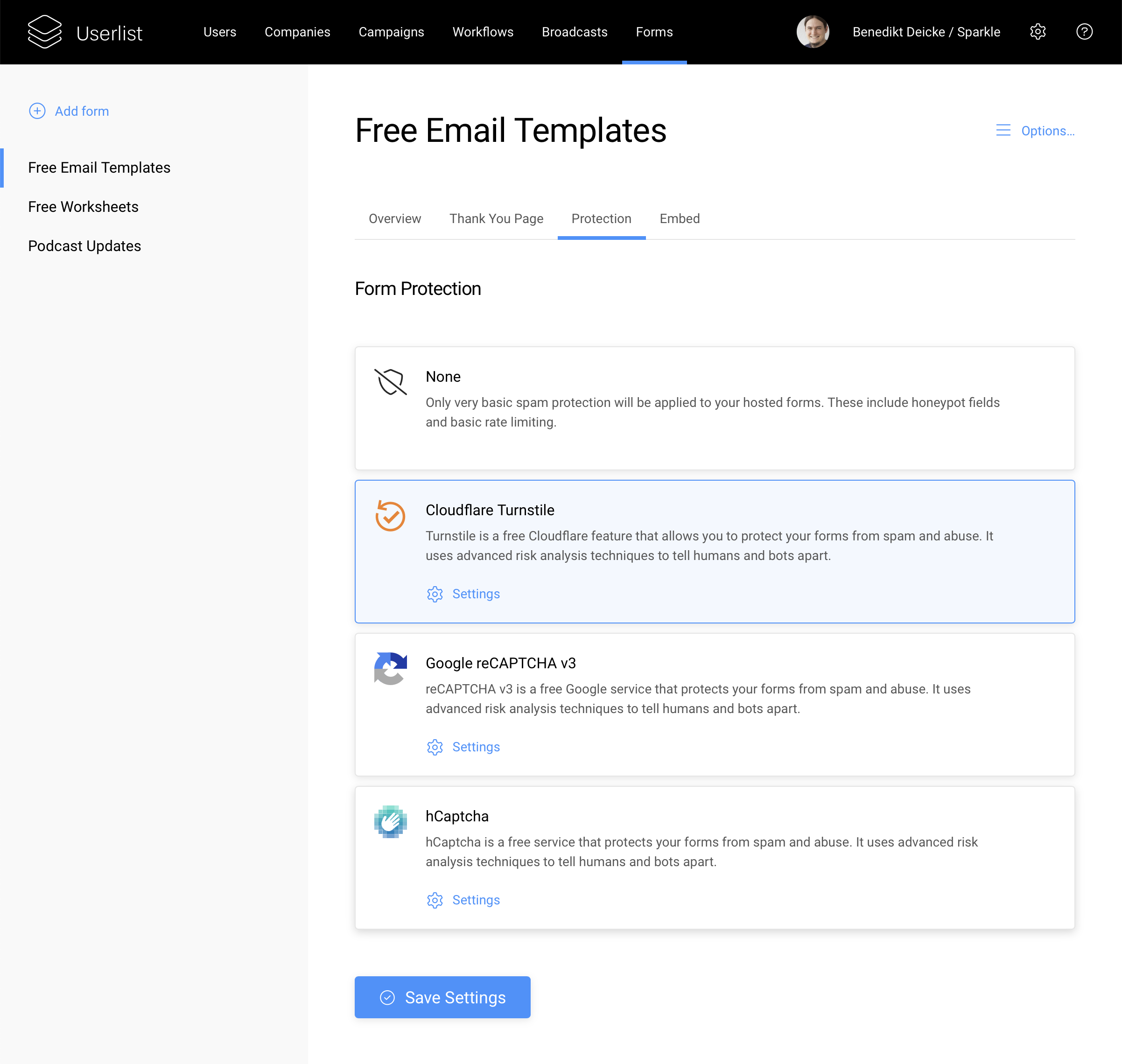 Screenshot showing the form protection settings for a form