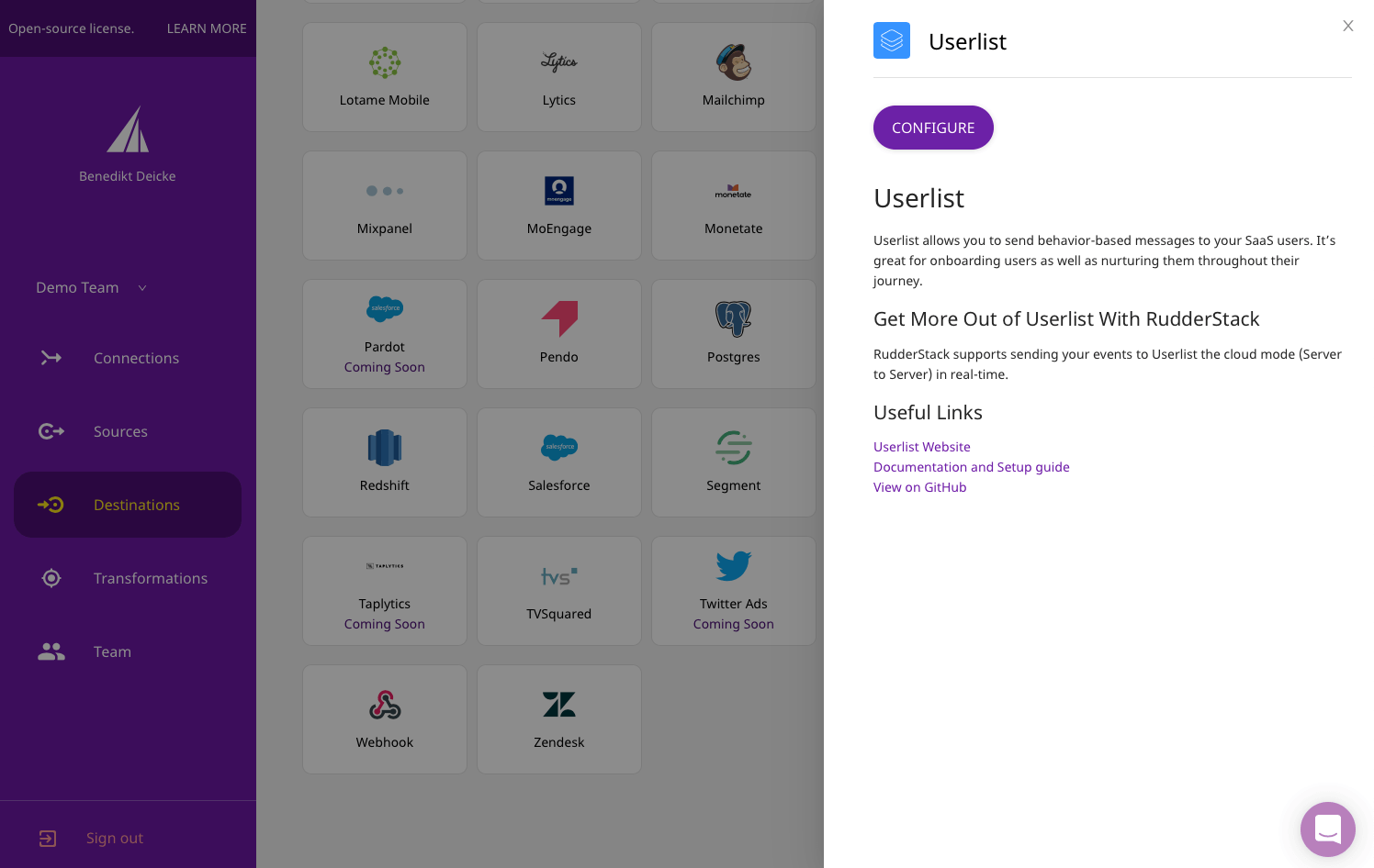 Screenshot of adding Userlist as destination on RudderStack