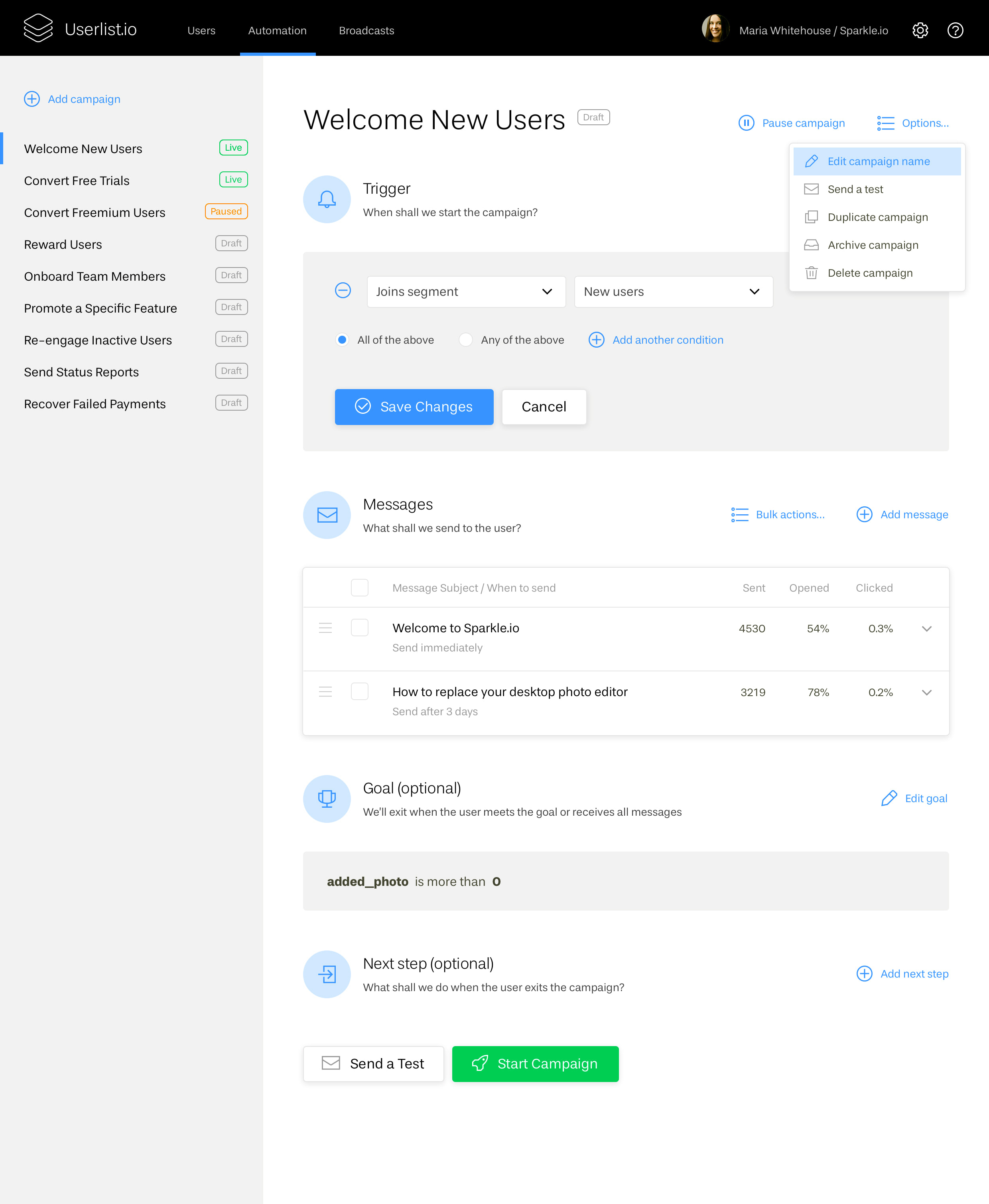 The Chicken or the Egg? Explaining Our Early Product Design Decisions: Screenshot of automation campaigns at Userlist
