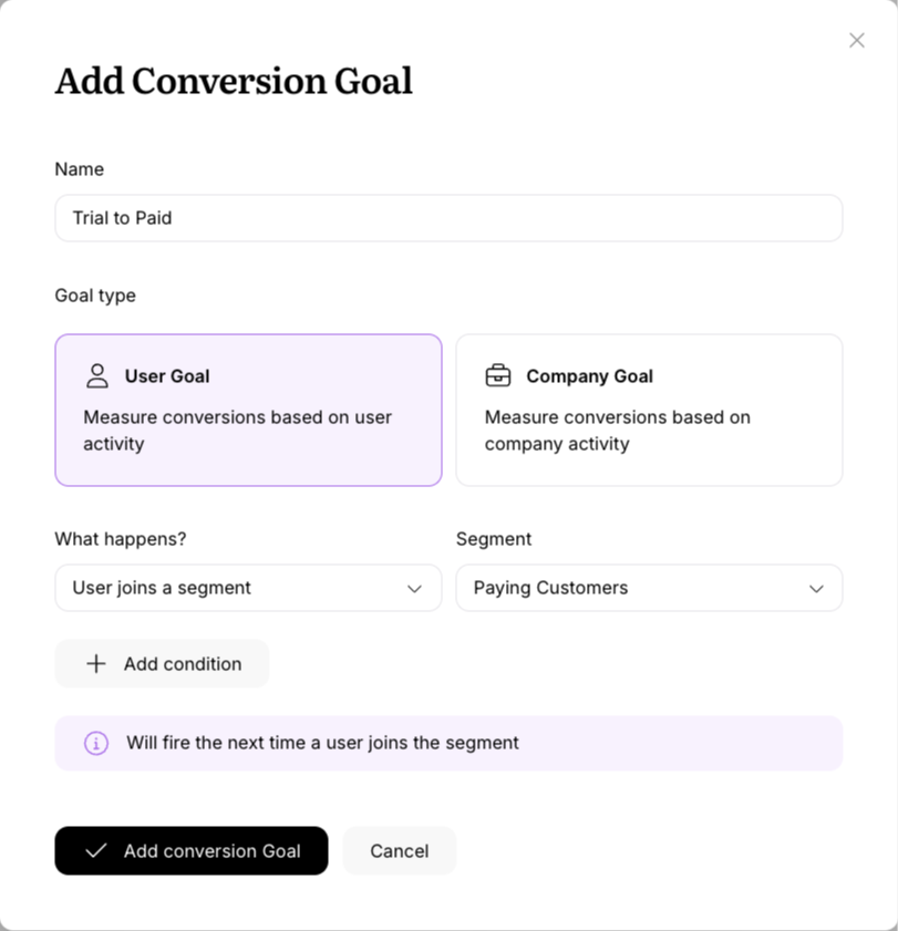 Adding a new Conversion Goal node in Userlist workflows