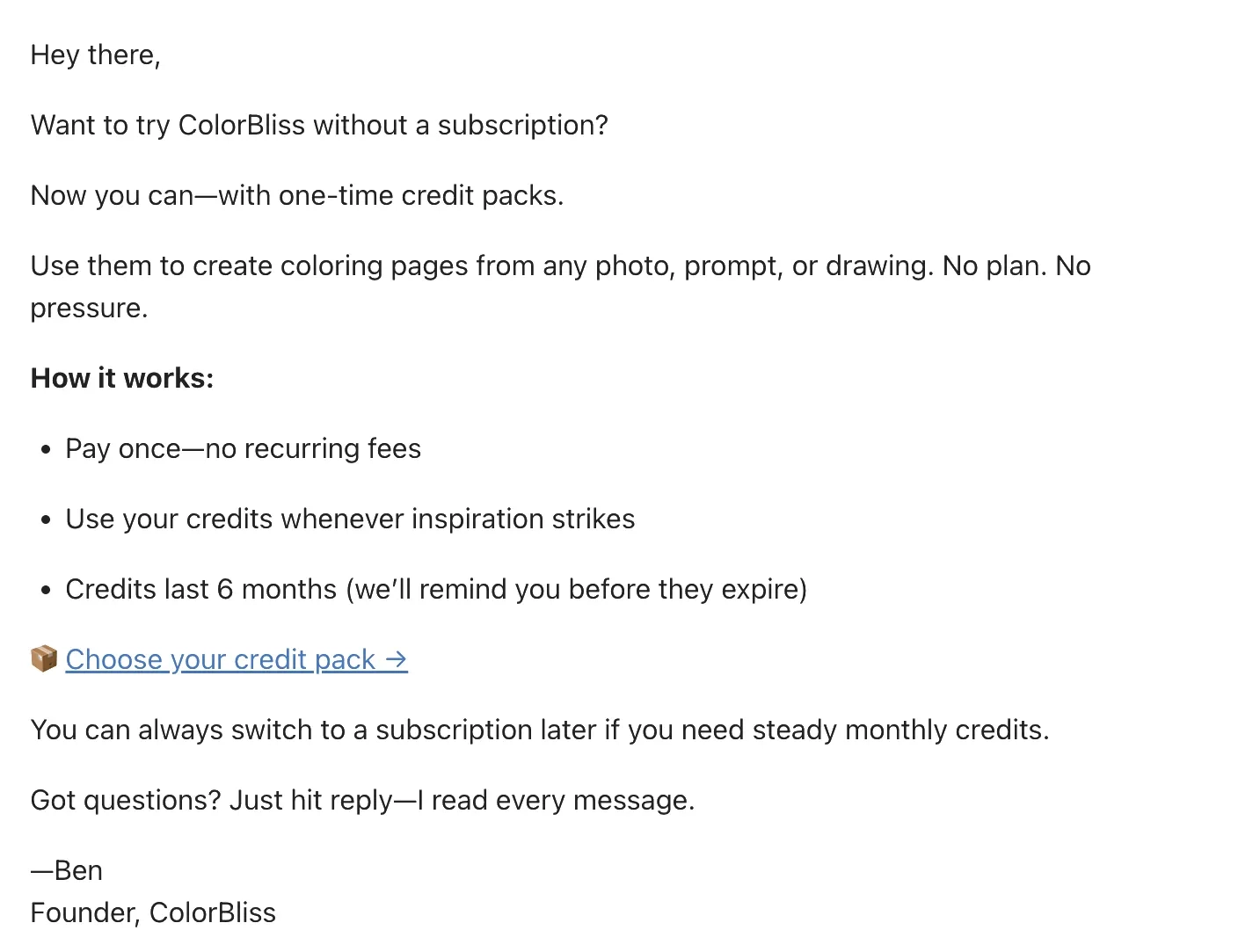 A/B Testing Automation Workflows: Screenshot of ColorBliss’ credit pack email sent in the abandoned checkout workflow