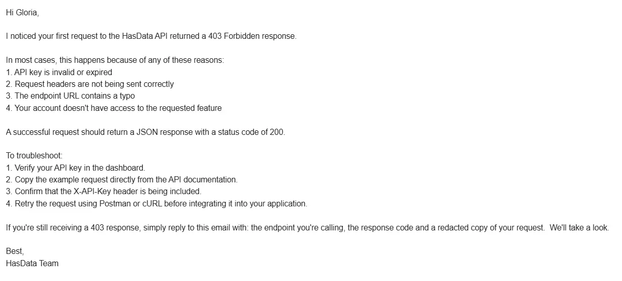 A/B Testing Automation Workflows: Screenshot of HasData’s email version A sent after a failed API request