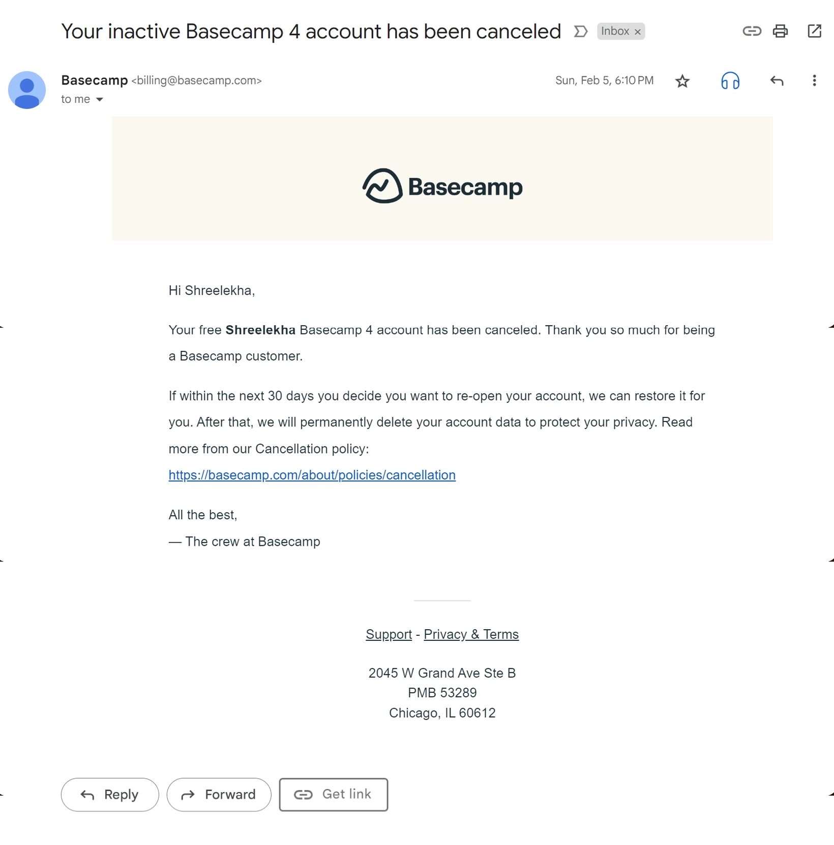Account Removal Emails: Screenshot of Basecamp's account cancellation notification email to users