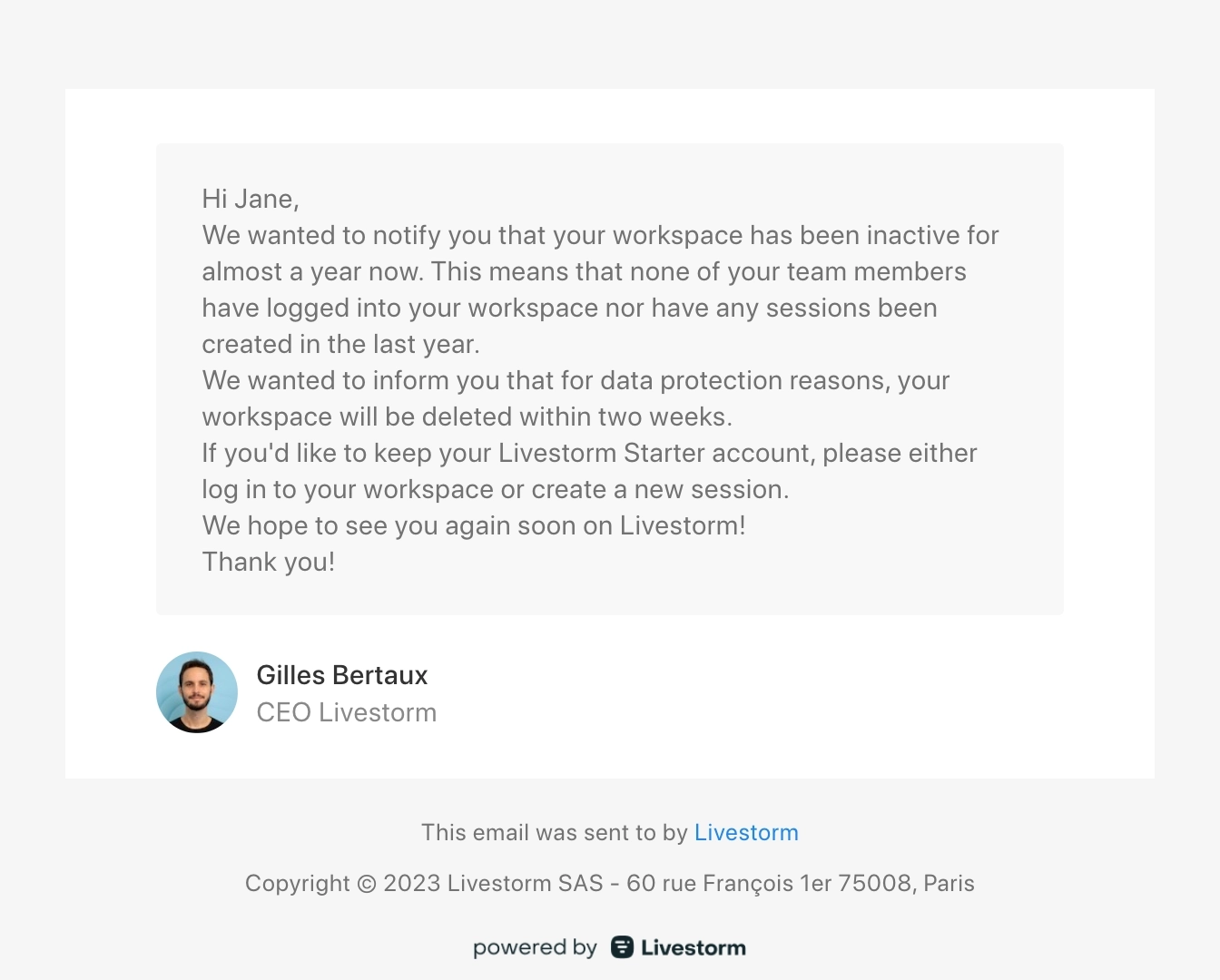 Account Removal Emails: Screenshot of Livestorm's account deletion notification email to users