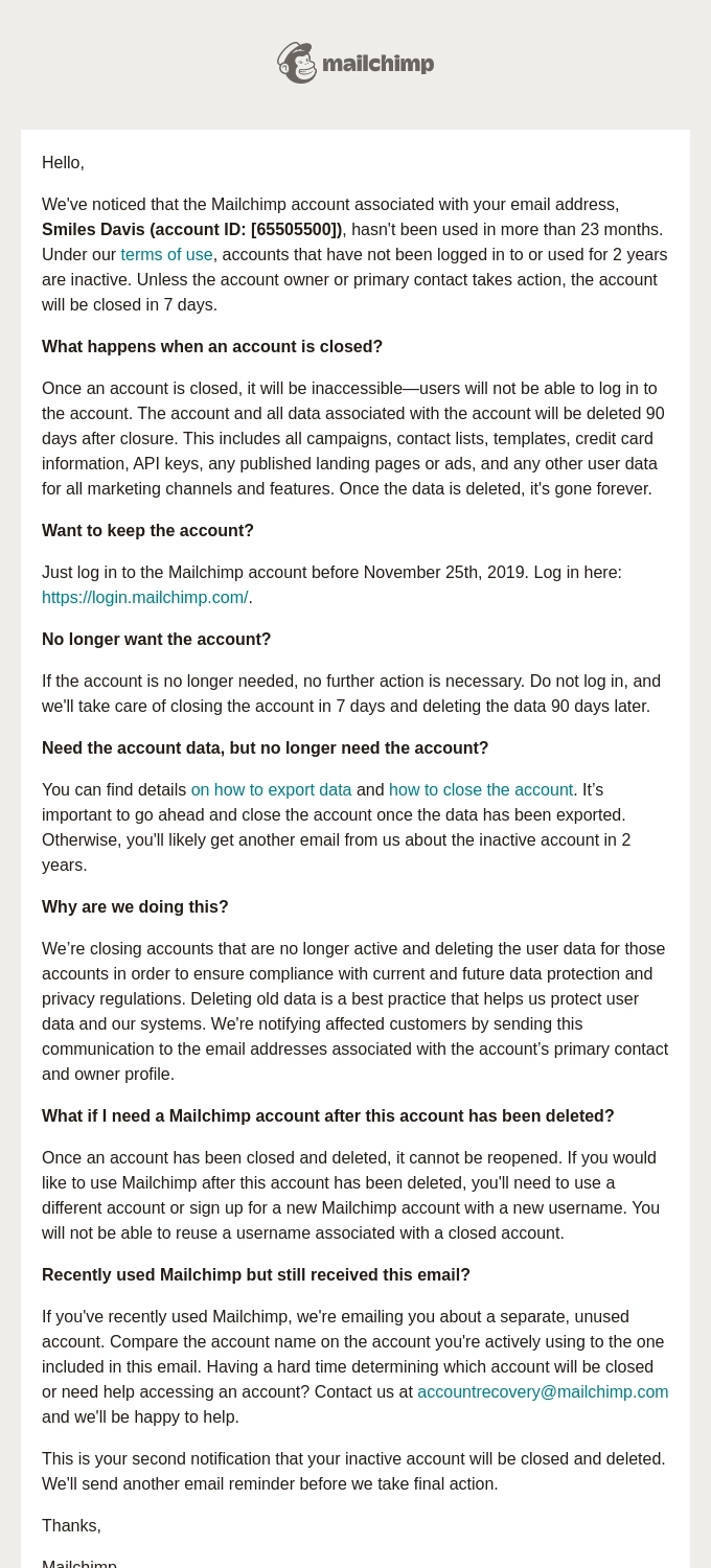 Account Removal Emails: Screenshot of Mailchimp's account deactivation notification email to users
