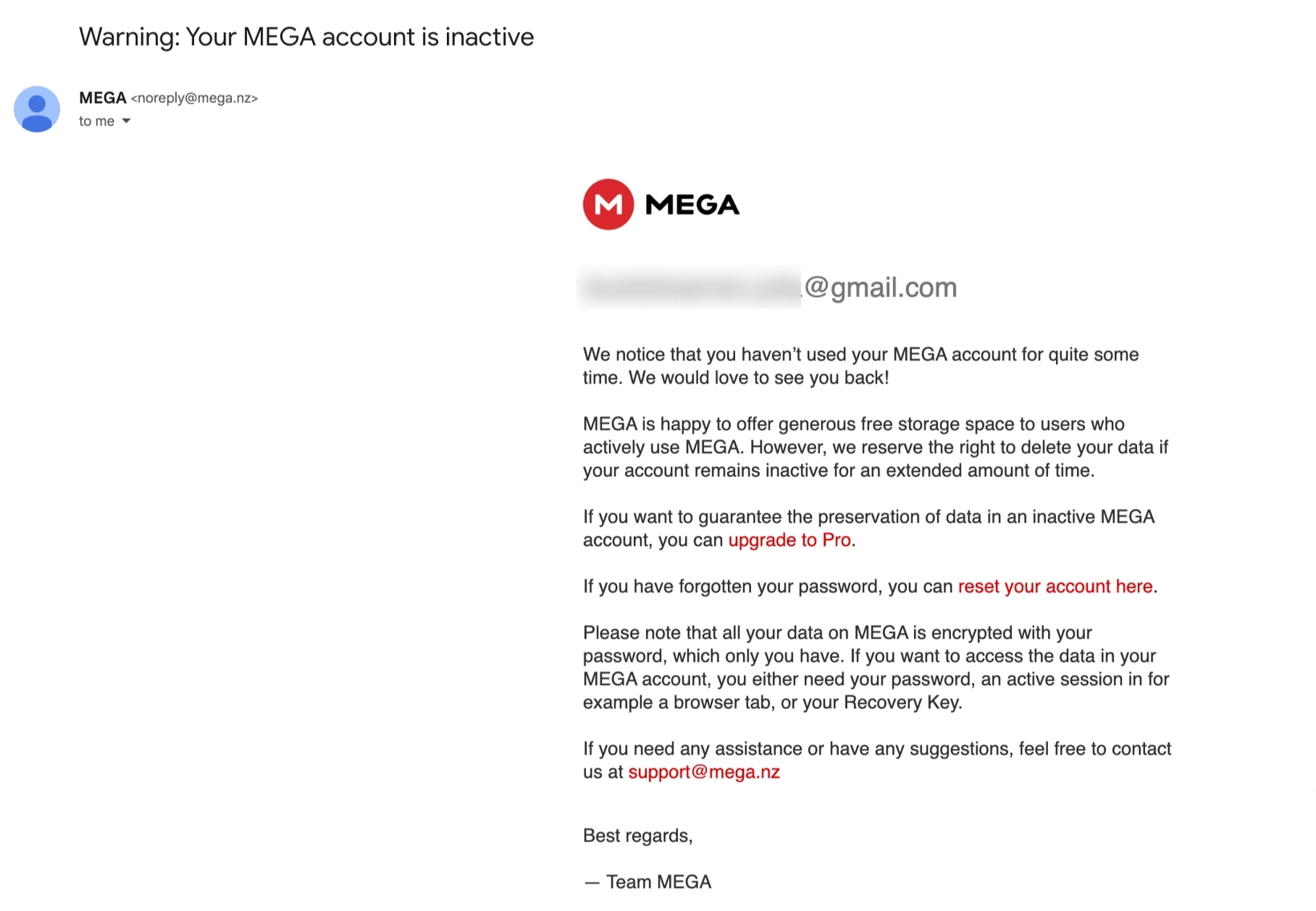 Account Removal Emails: Screenshot of Mega's account notification email about inactivity