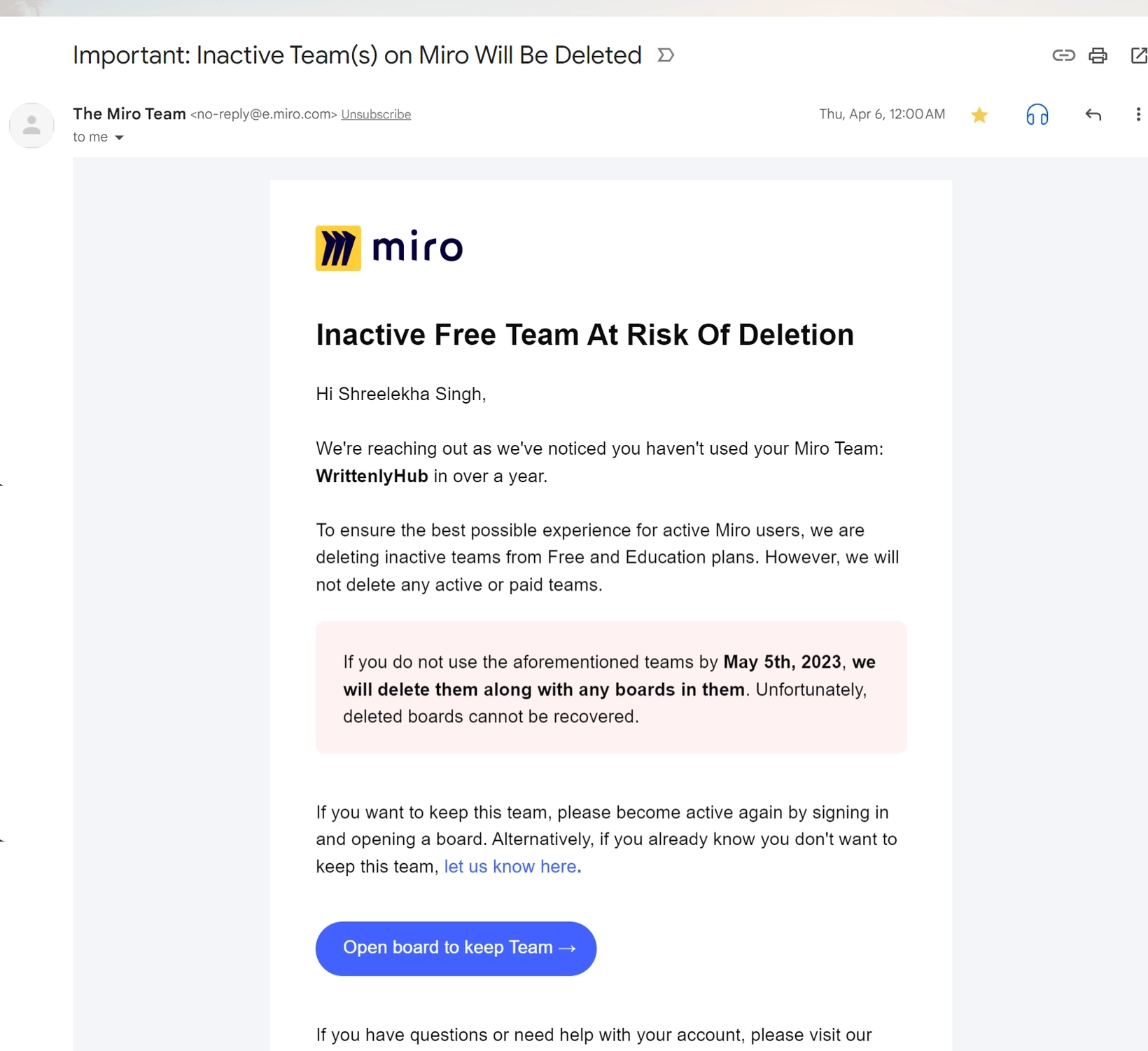 Account Removal Emails: Screenshot of Miro's account notification email about pending account deletion