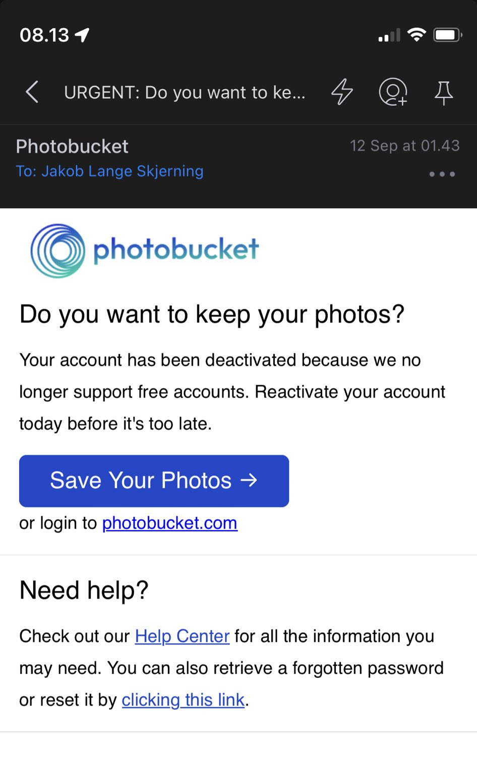 Account Removal Emails: Screenshot of Photobucket's account deactivation notification email