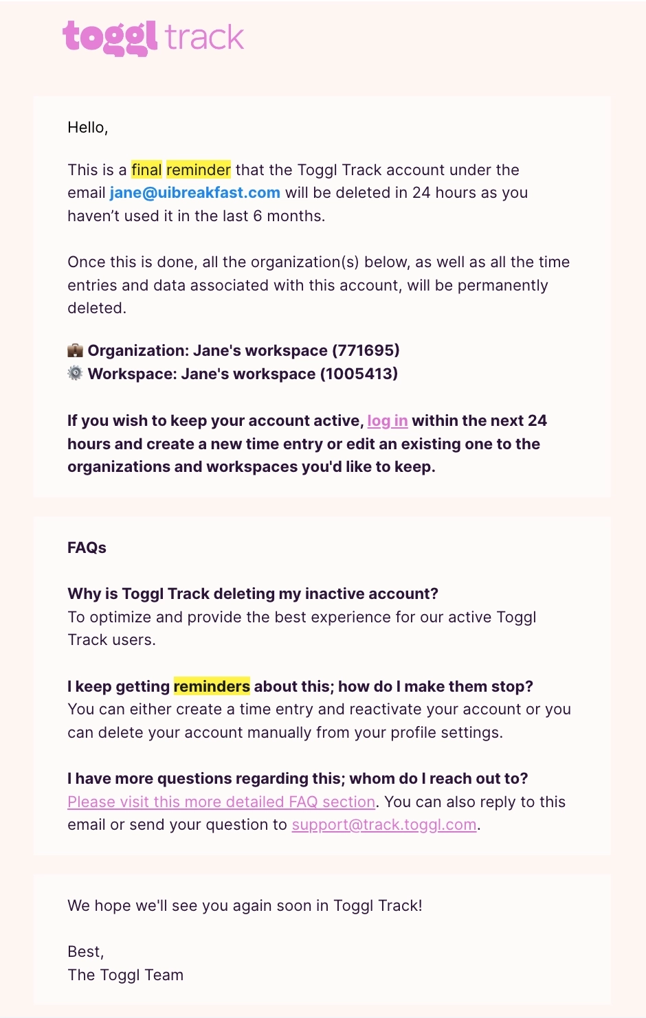 Account Removal Emails: Screenshot of Toggl Track's account deletion notification email to users
