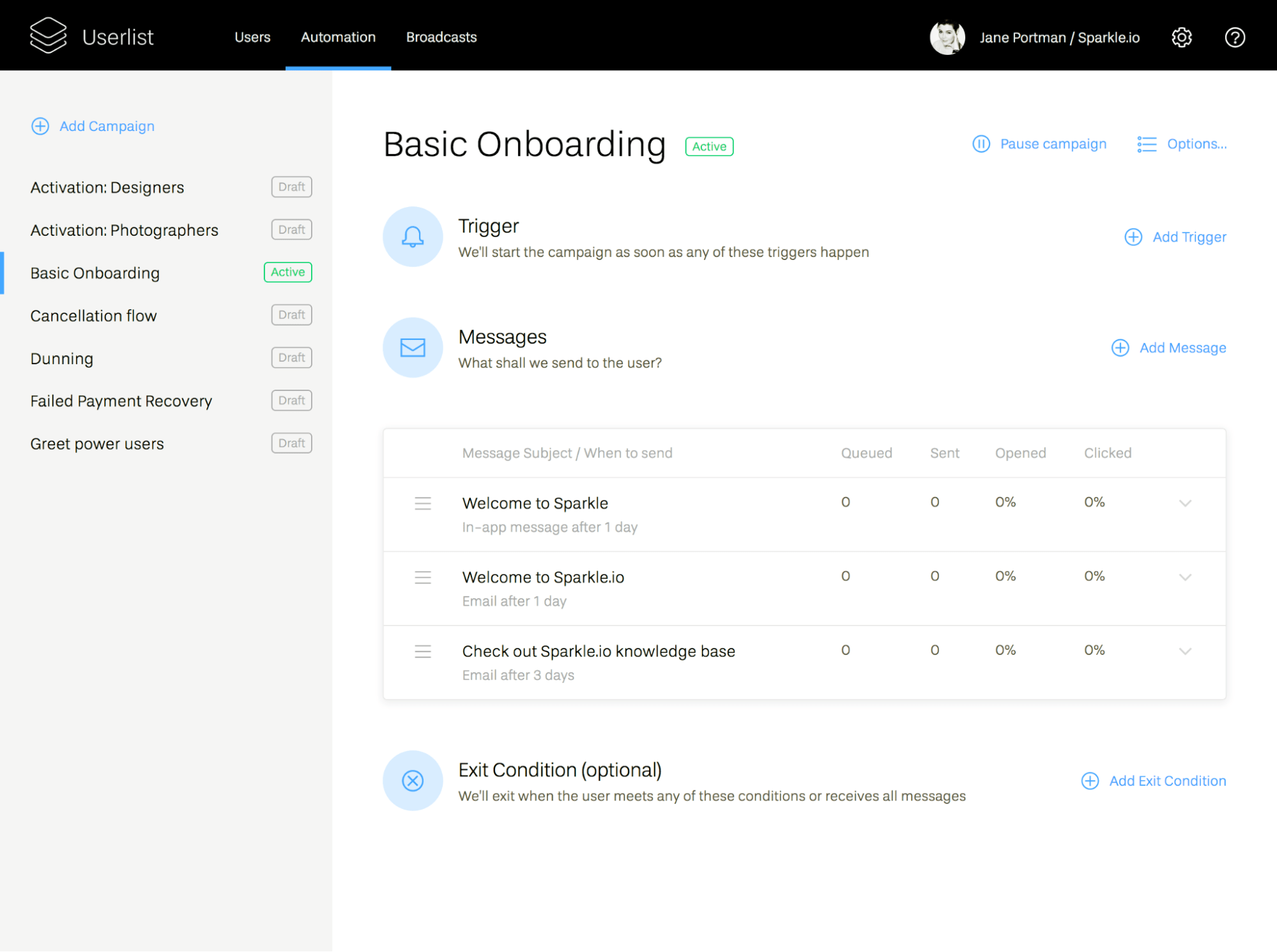 ActiveCampaign Alternatives: Screenshot of Userlist basic onboarding