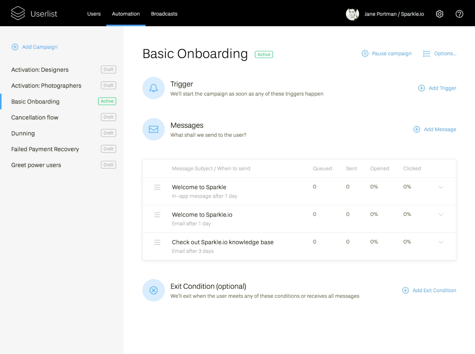 ActiveCampaign Alternatives: Screenshot of Userlist basic onboarding