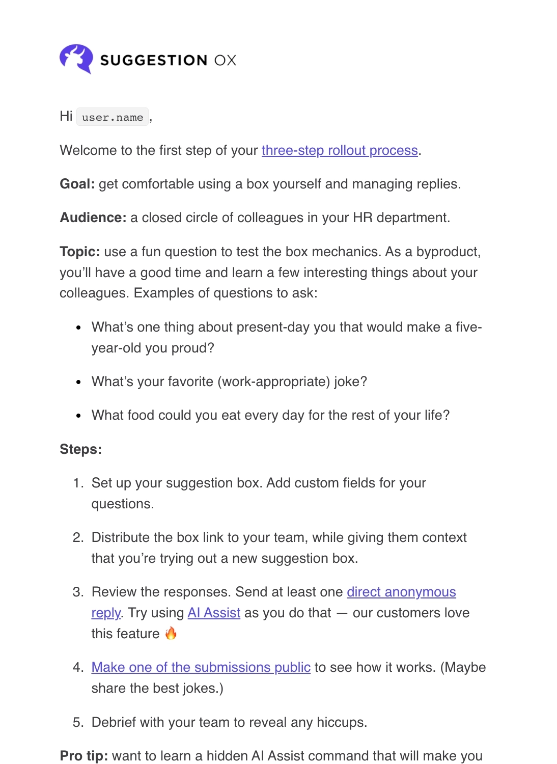 Atomic Emails: Screenshot of Suggestion Ox's email