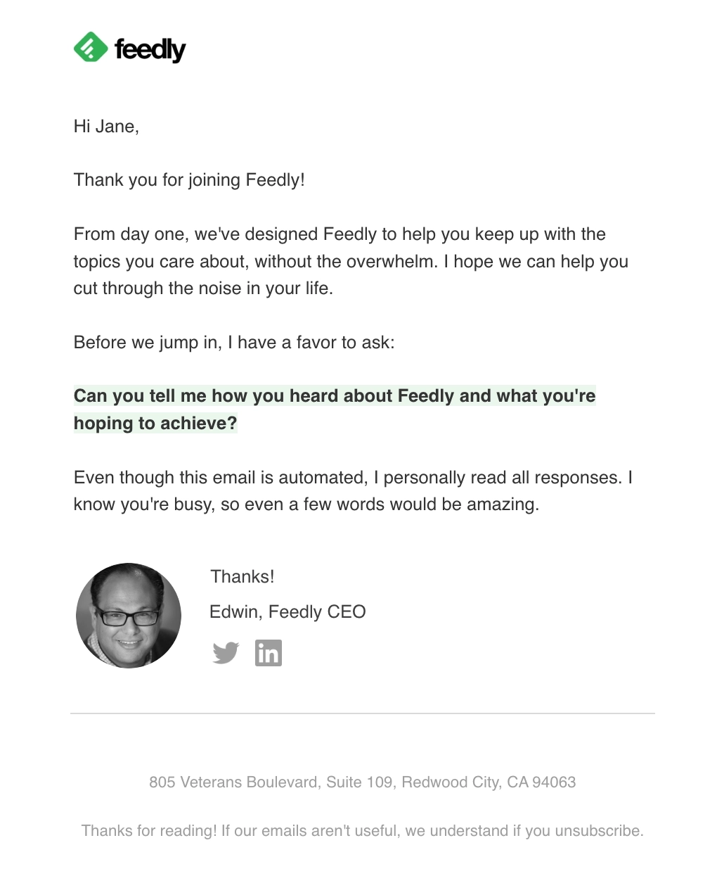 B2C SaaS Email Marketing: Screenshot of Feedly's personalized email