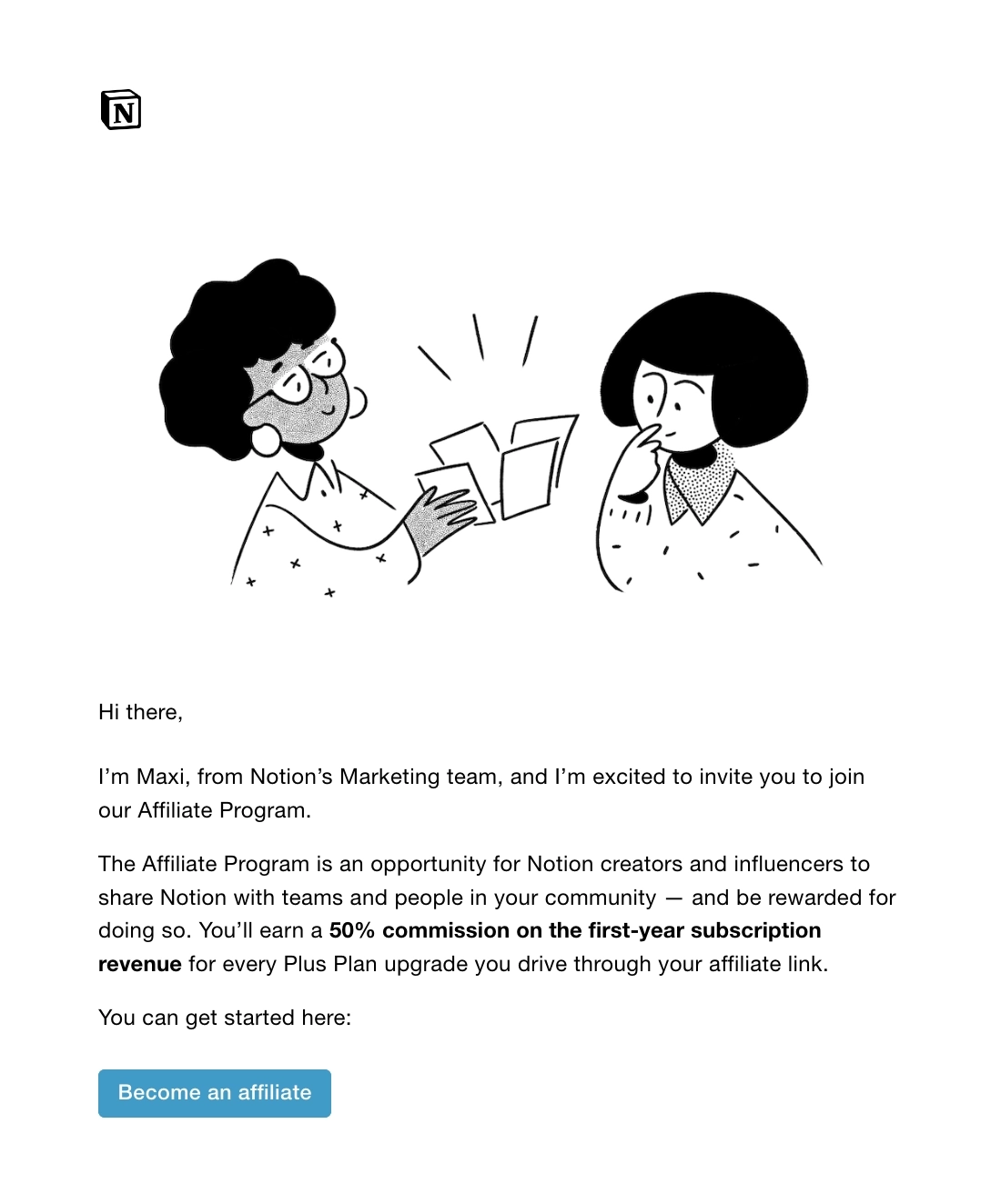 B2C SaaS Email Marketing: Screenshot of Notion's email for affiliate programs