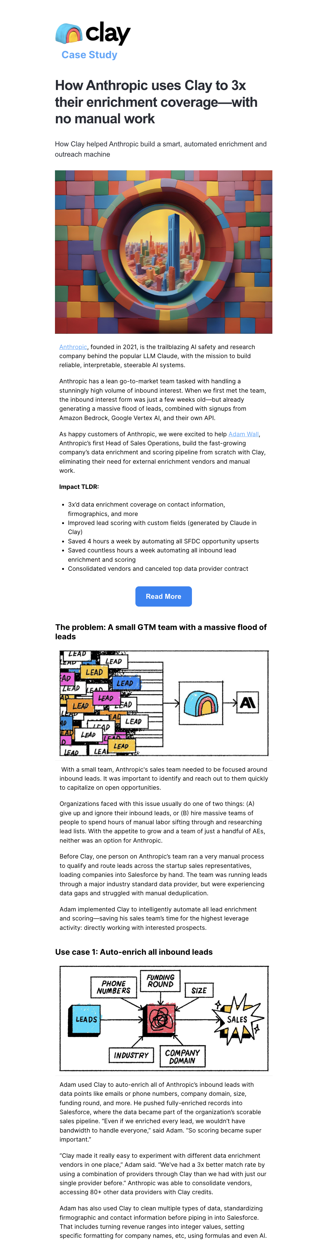 Case Study Email Examples: Screenshot of Clay's case study email featuring Anthropic